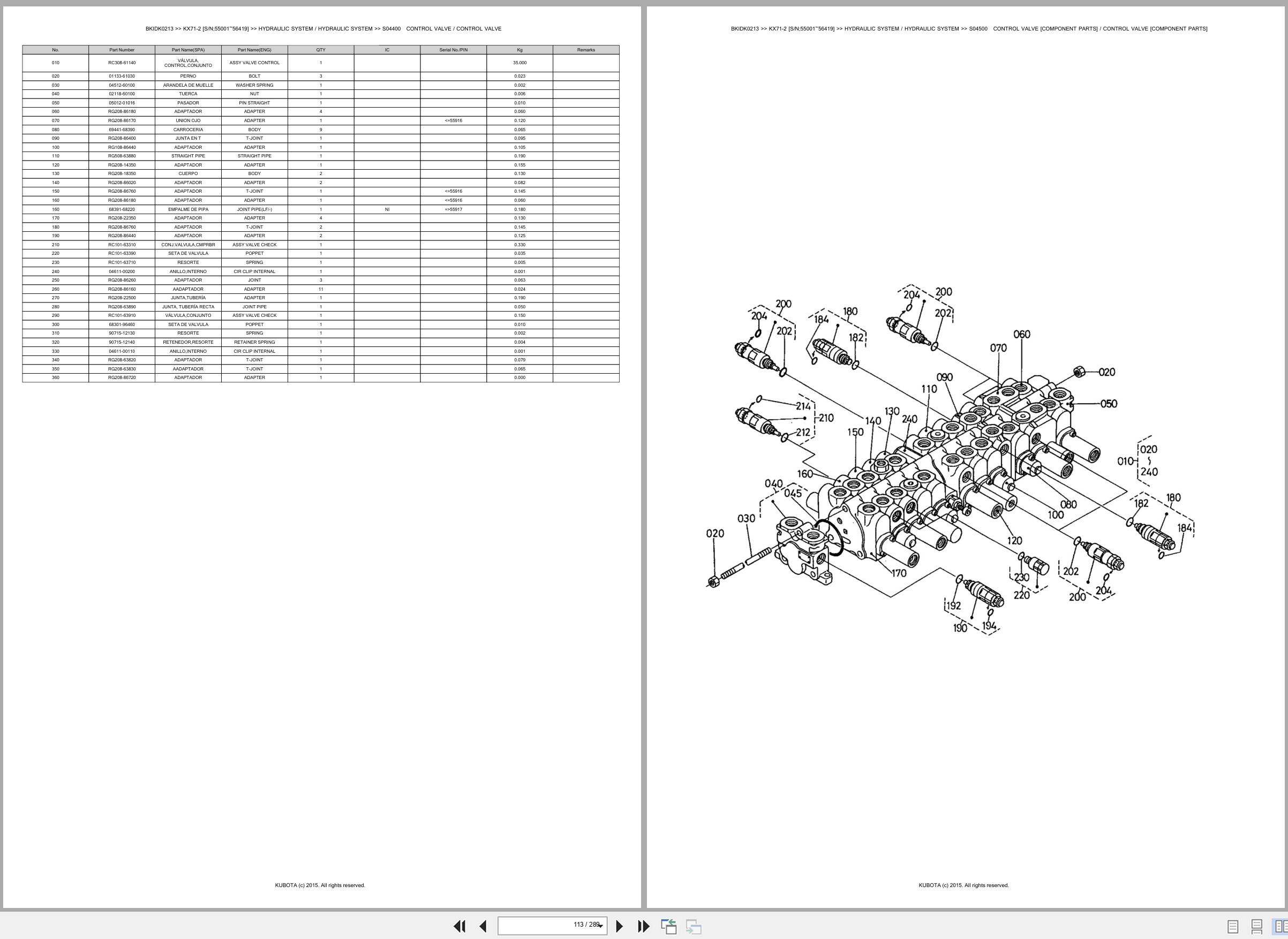 Kubota Excavator KX71 2 55001 56419 Spare Parts Catalog EN ES (2)