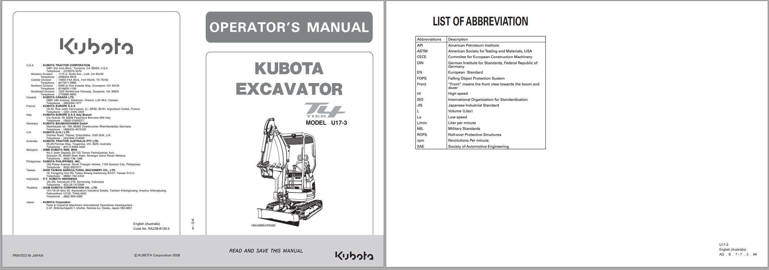 Kubota Excavator U17 3 Tier 4 Operators Manual RA238 8130 3 2008 1