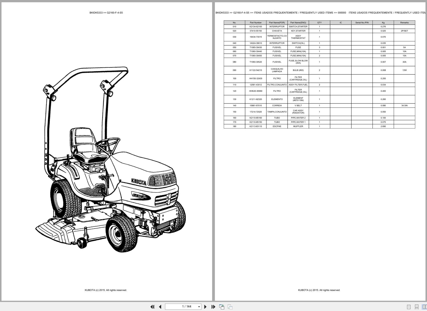 Kubota Garden Tractor G2160 F 4 S5 Spare Parts Catalog EN PT (1)