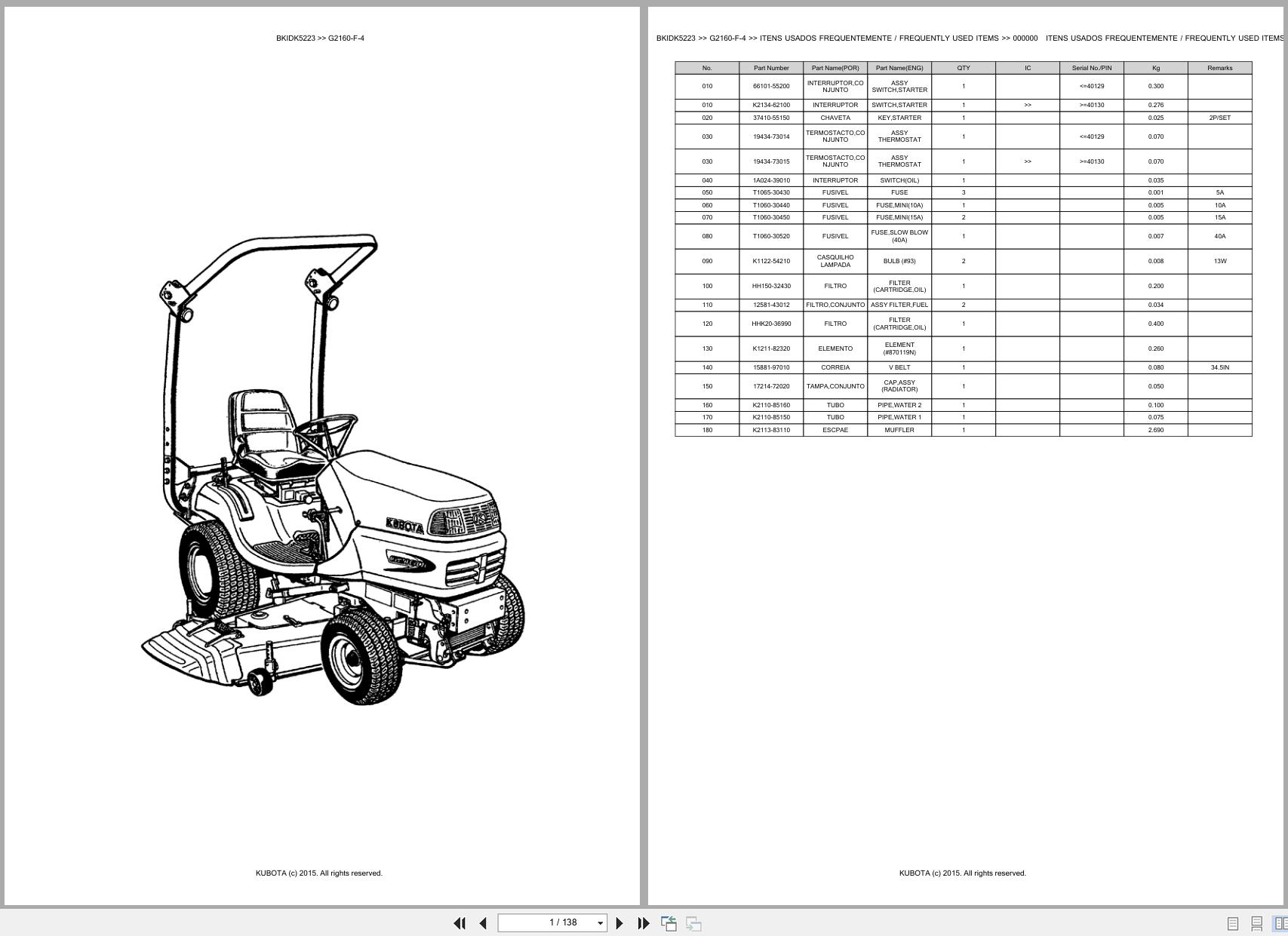 Kubota Garden Tractor G2160 F 4 Spare Parts Catalog EN PT (1)