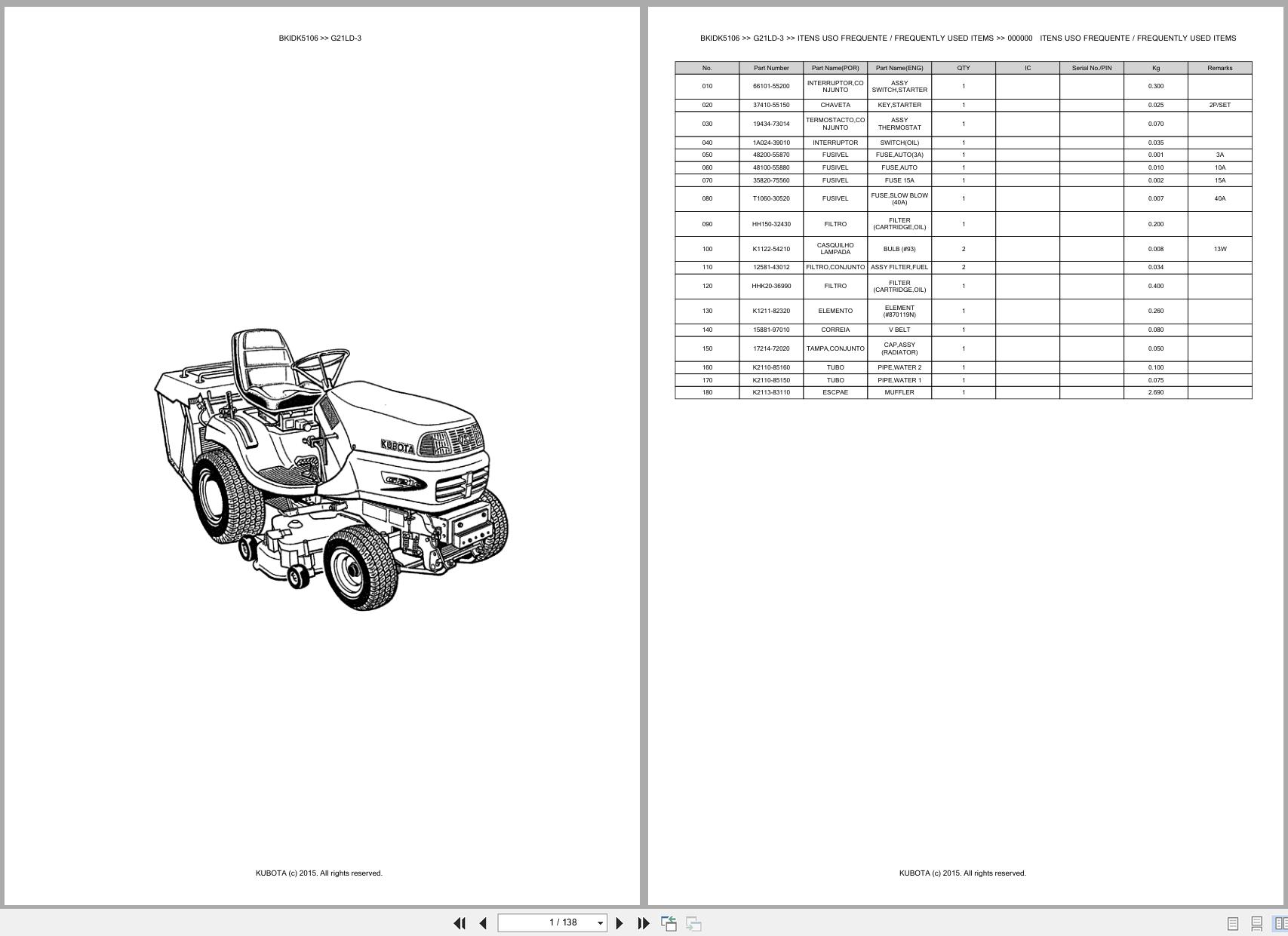 Kubota Garden Tractor G21LD 3 Spare Parts Catalog EN PT (1)