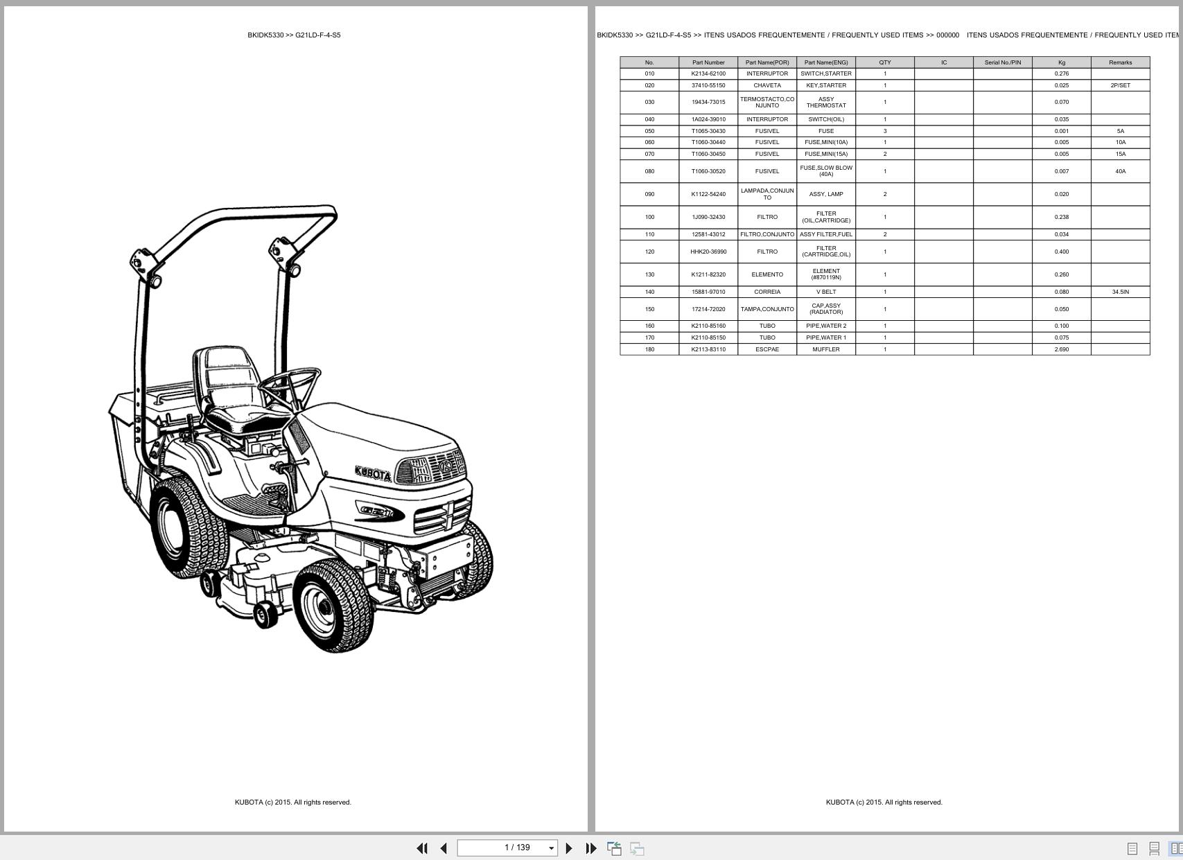 Kubota Garden Tractor G21LD F 4 S5 Spare Parts Catalog EN PT (1)