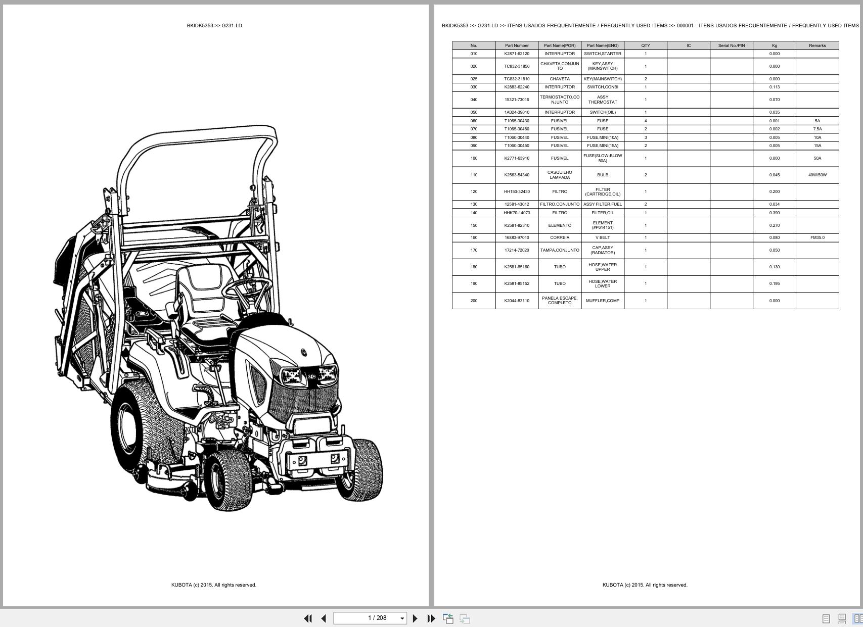 Kubota Garden Tractor G231 LD Spare Parts Catalog EN PT (1)