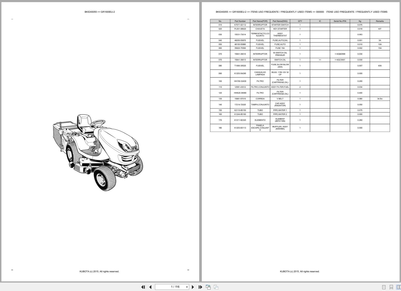 Kubota Garden Tractor GR1600EU 2 Spare Parts Catalog EN PT (1)