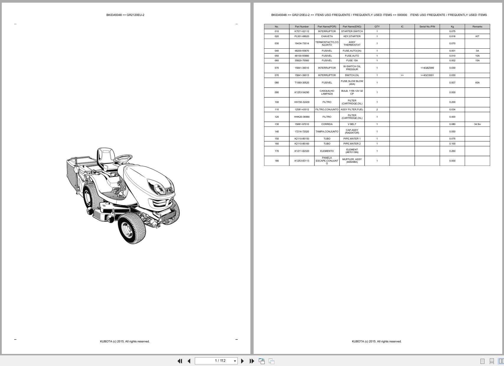 Kubota Garden Tractor GR2120EU 2 Spare Parts Catalog EN PT (1)