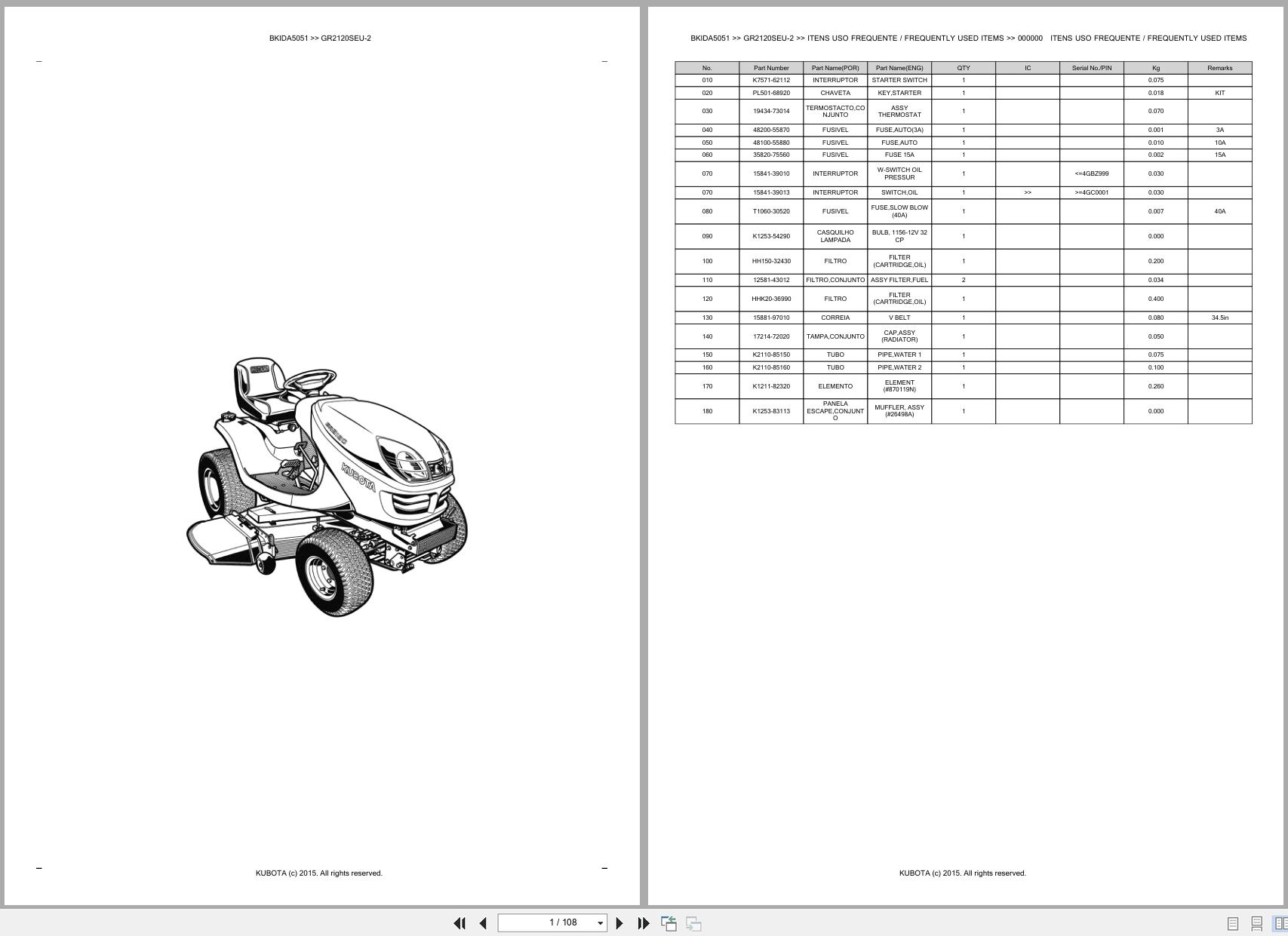 Kubota Garden Tractor GR2120SEU 2 Spare Parts Catalog EN PT (1)