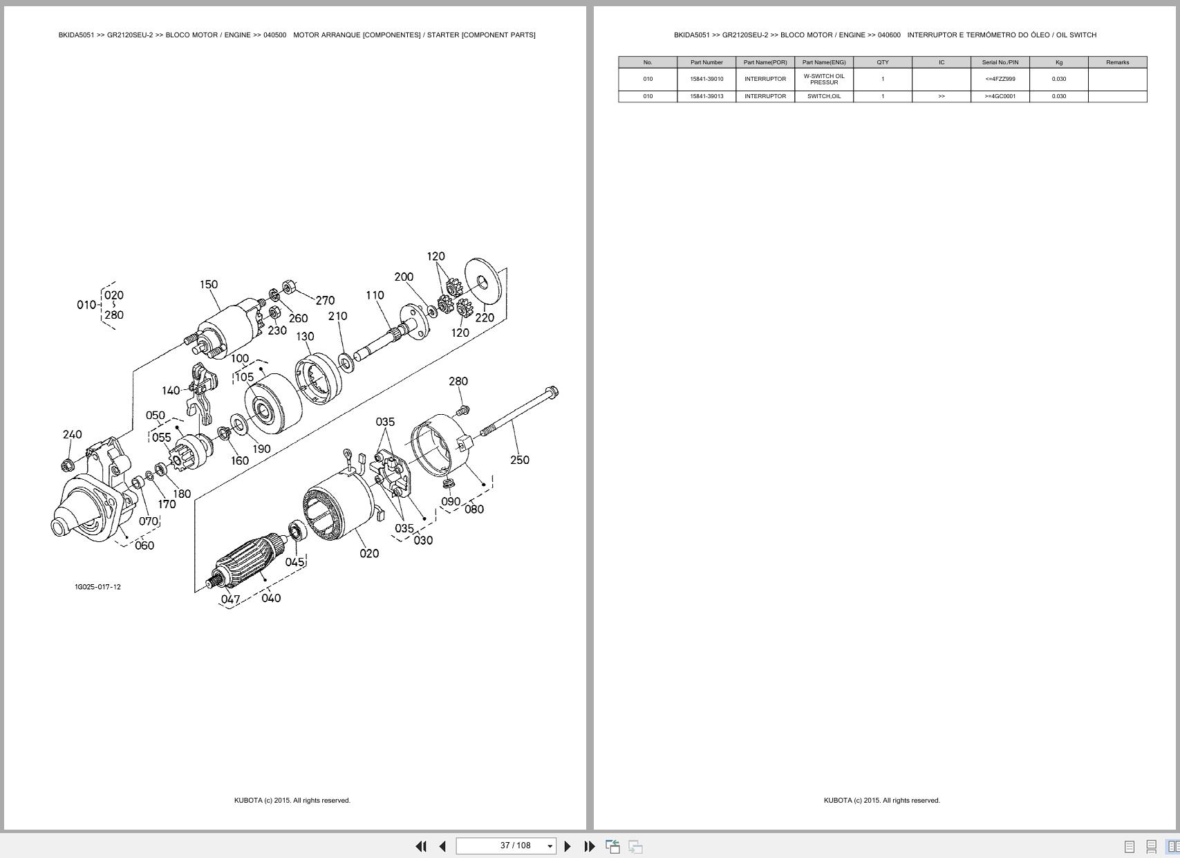 Kubota Garden Tractor GR2120SEU 2 Spare Parts Catalog EN PT (2)
