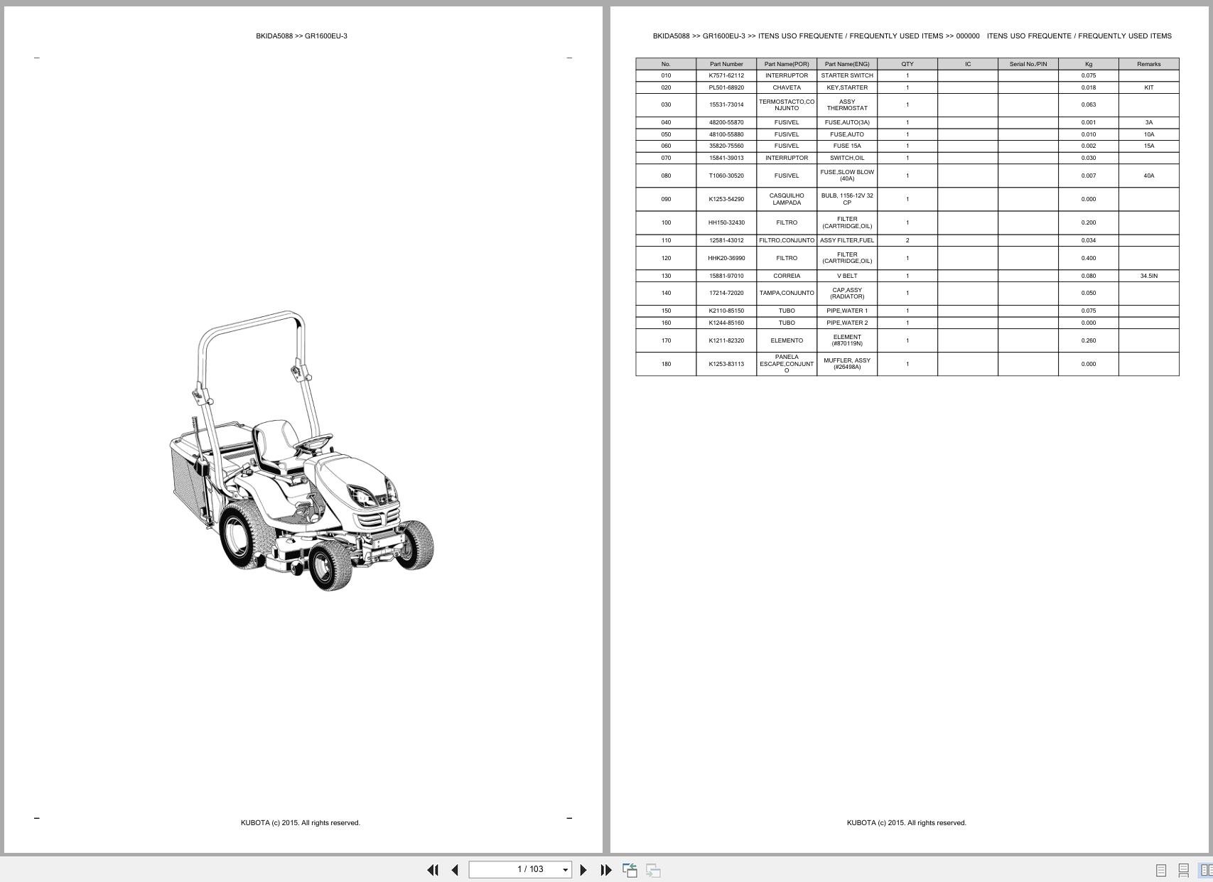 Kubota Lawn Garden Tractor GR1600EU 3 Spare Parts Catalog EN PT (1)