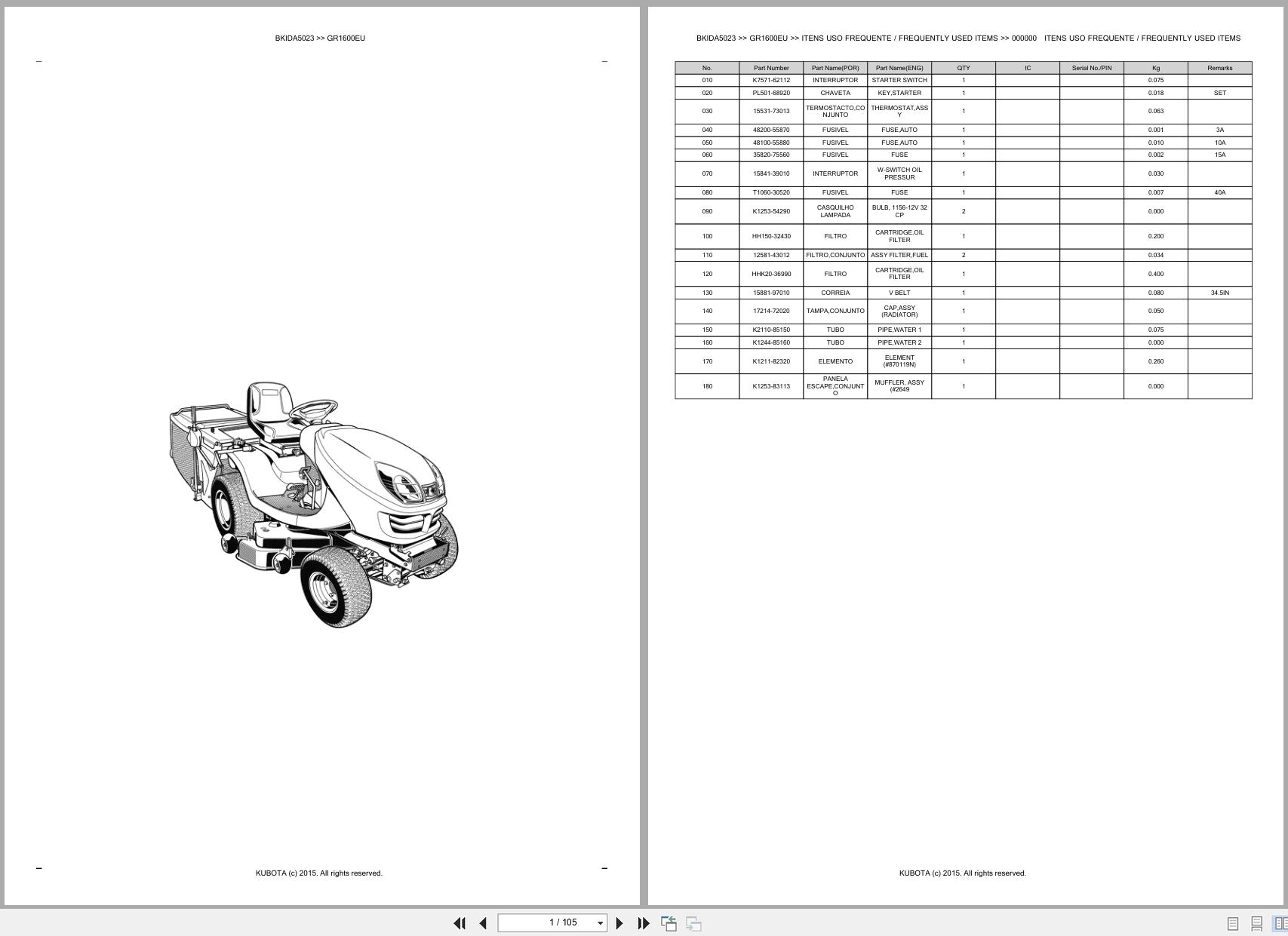 Kubota Lawn Garden Tractor GR1600EU Spare Parts Catalog EN PT (1)