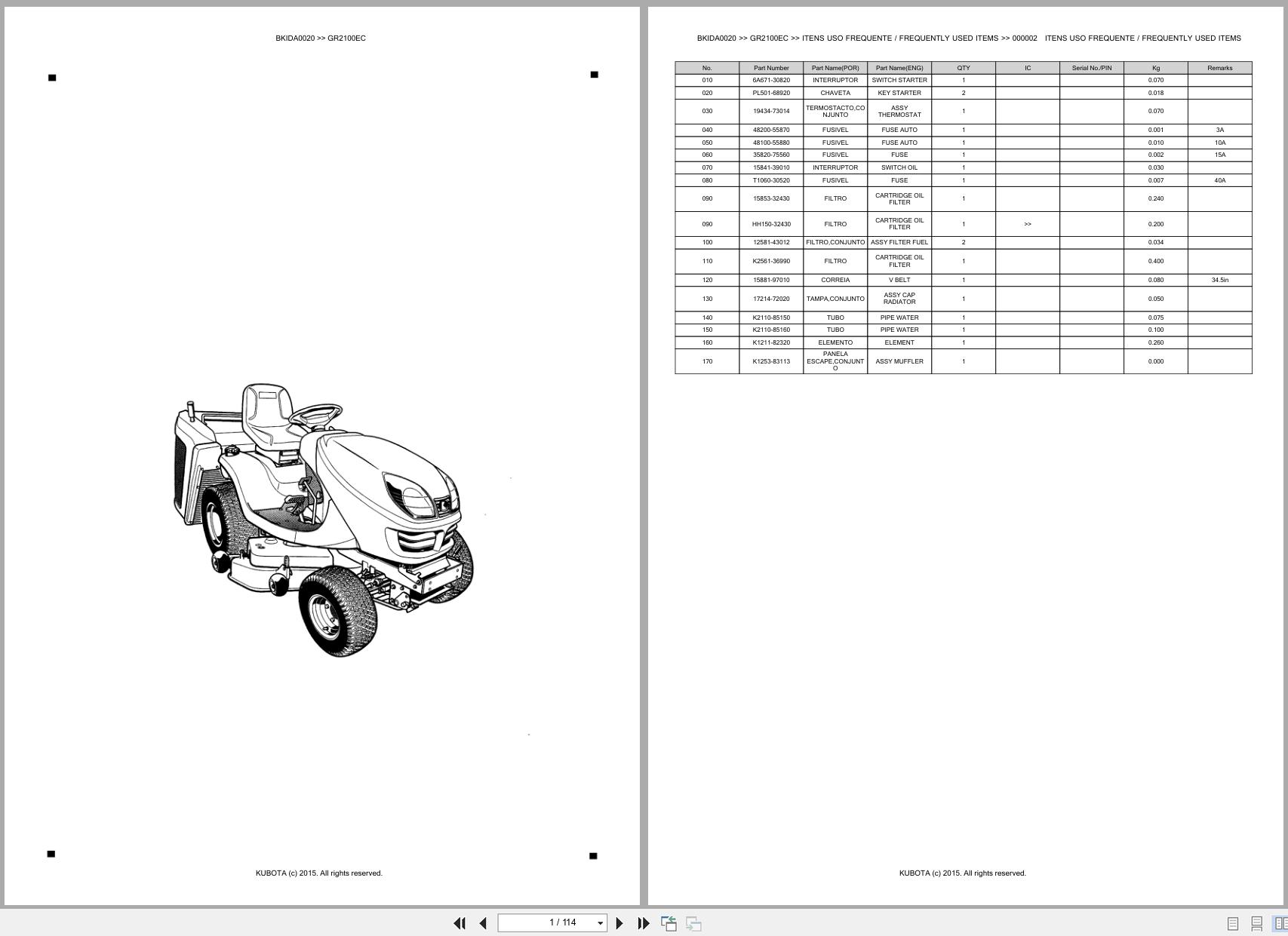 Kubota Lawn Garden Tractor GR2100EC Spare Parts Catalog EN PT (1)
