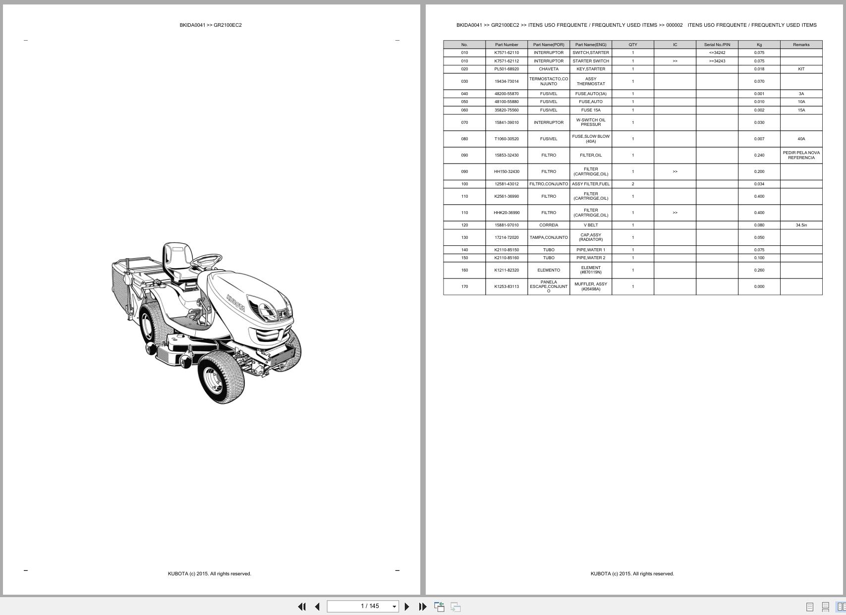 Kubota Lawn Garden Tractor GR2100EC2 Spare Parts Catalog EN PT (1)