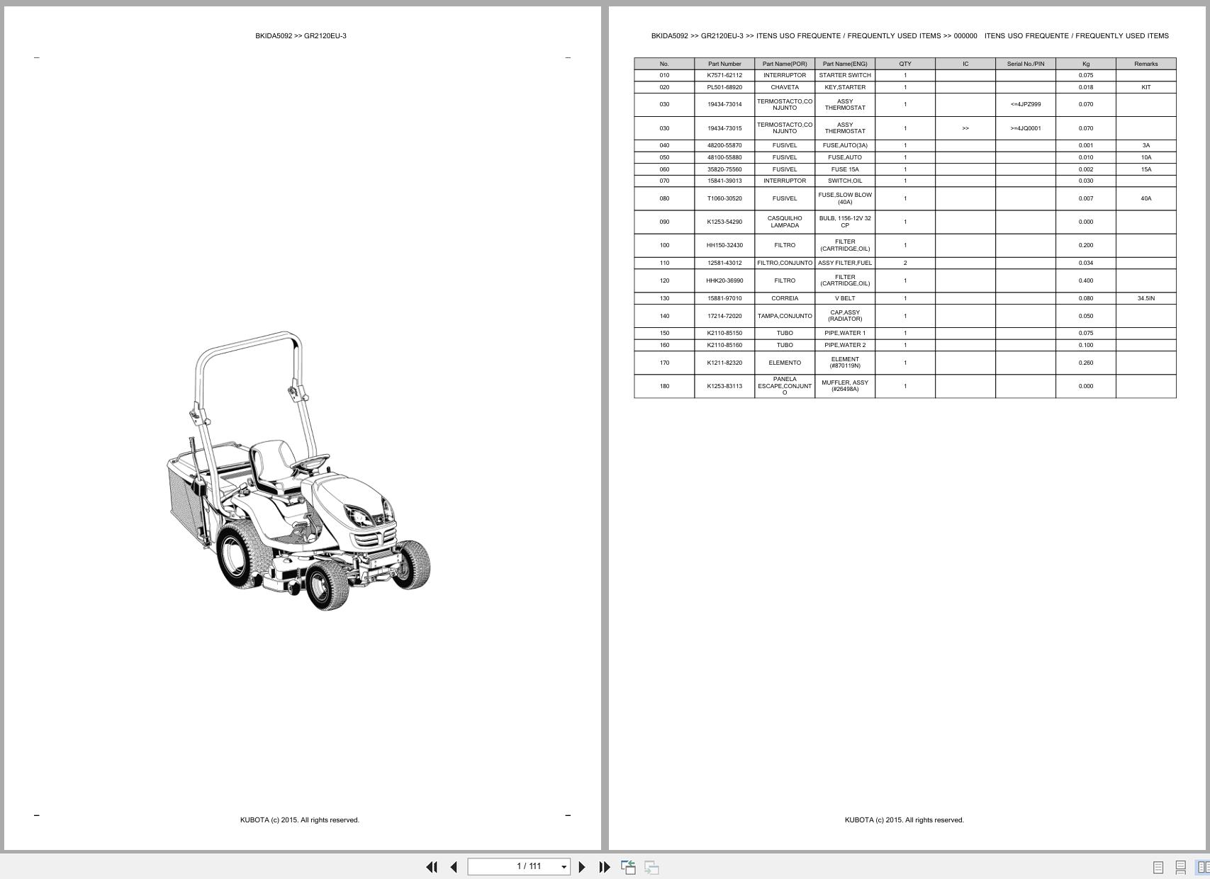 Kubota Lawn Garden Tractor GR2120EU 3 Spare Parts Catalog EN PT (1)