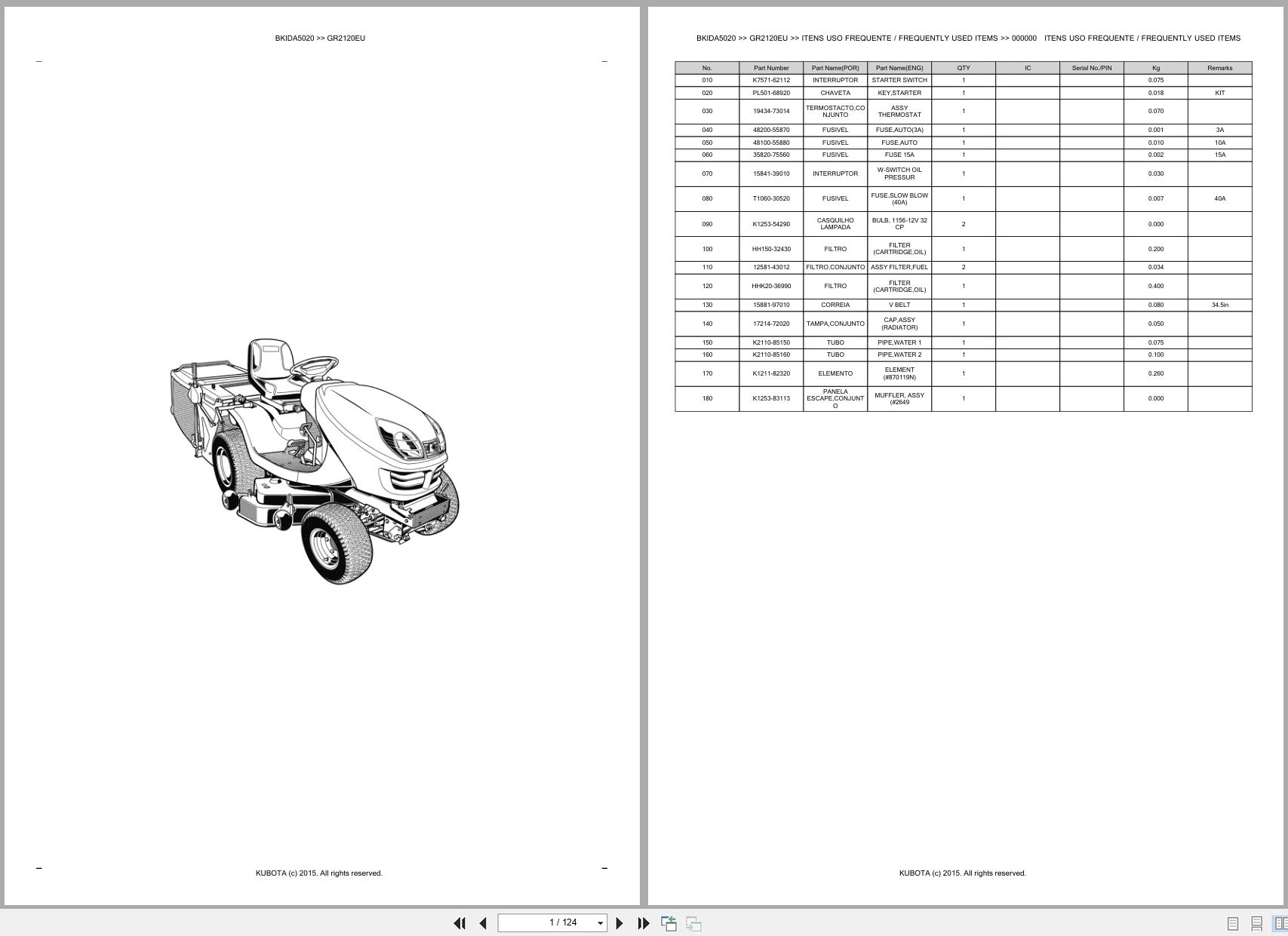 Kubota Lawn Garden Tractor GR2120EU Spare Parts Catalog EN PT (1)