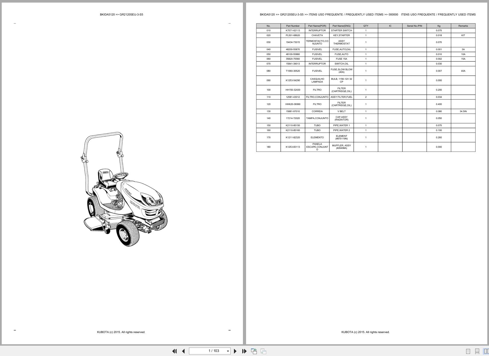 Kubota Lawn Garden Tractor GR2120SEU 3 S5 Spare Parts Catalog EN PT (1)