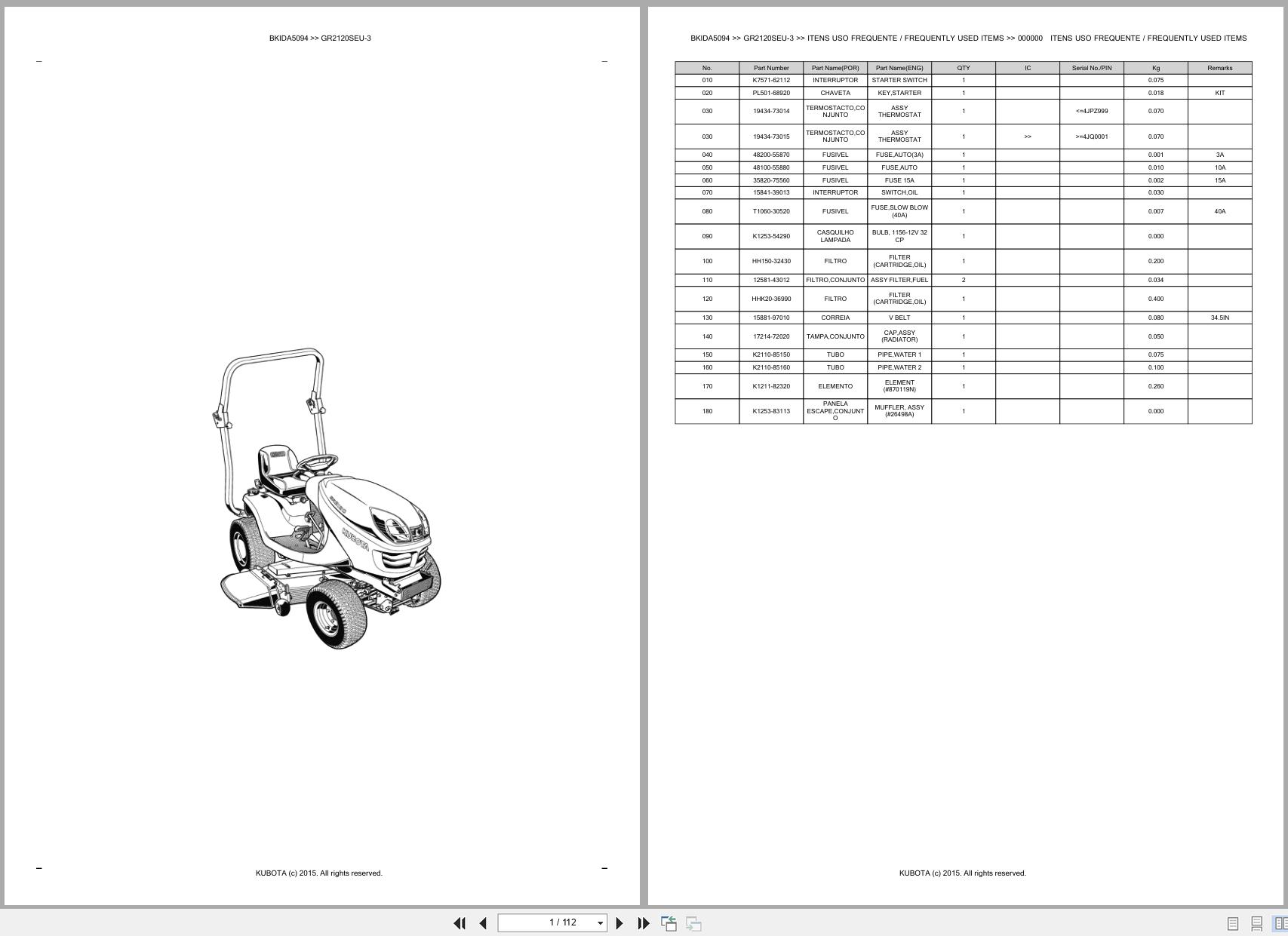Kubota Lawn Garden Tractor GR2120SEU 3 Spare Parts Catalog EN PT (1)
