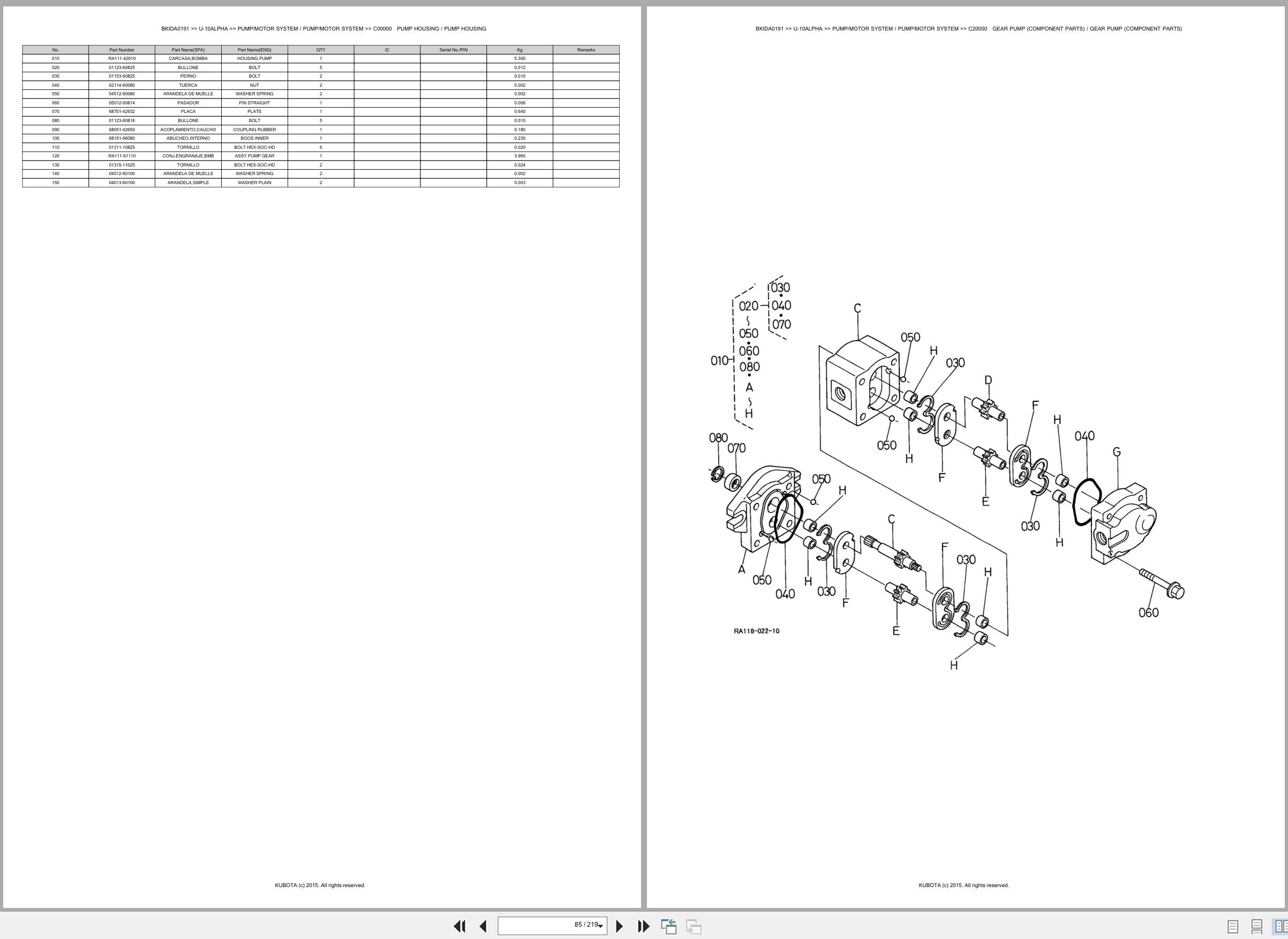 Kubota Mini Excavator U 10ALPHA Spare Parts Catalog EN ES (2)