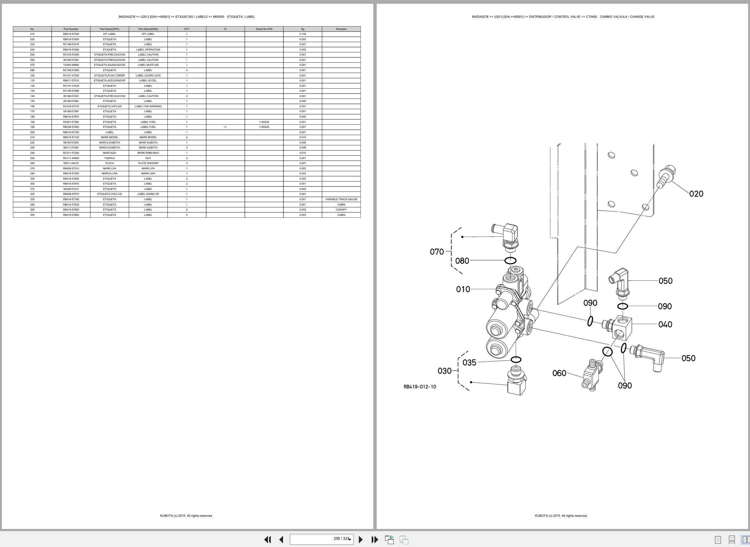 Kubota Mini Excavator U20 3 60001 Spare Parts Catalog EN ES (3)