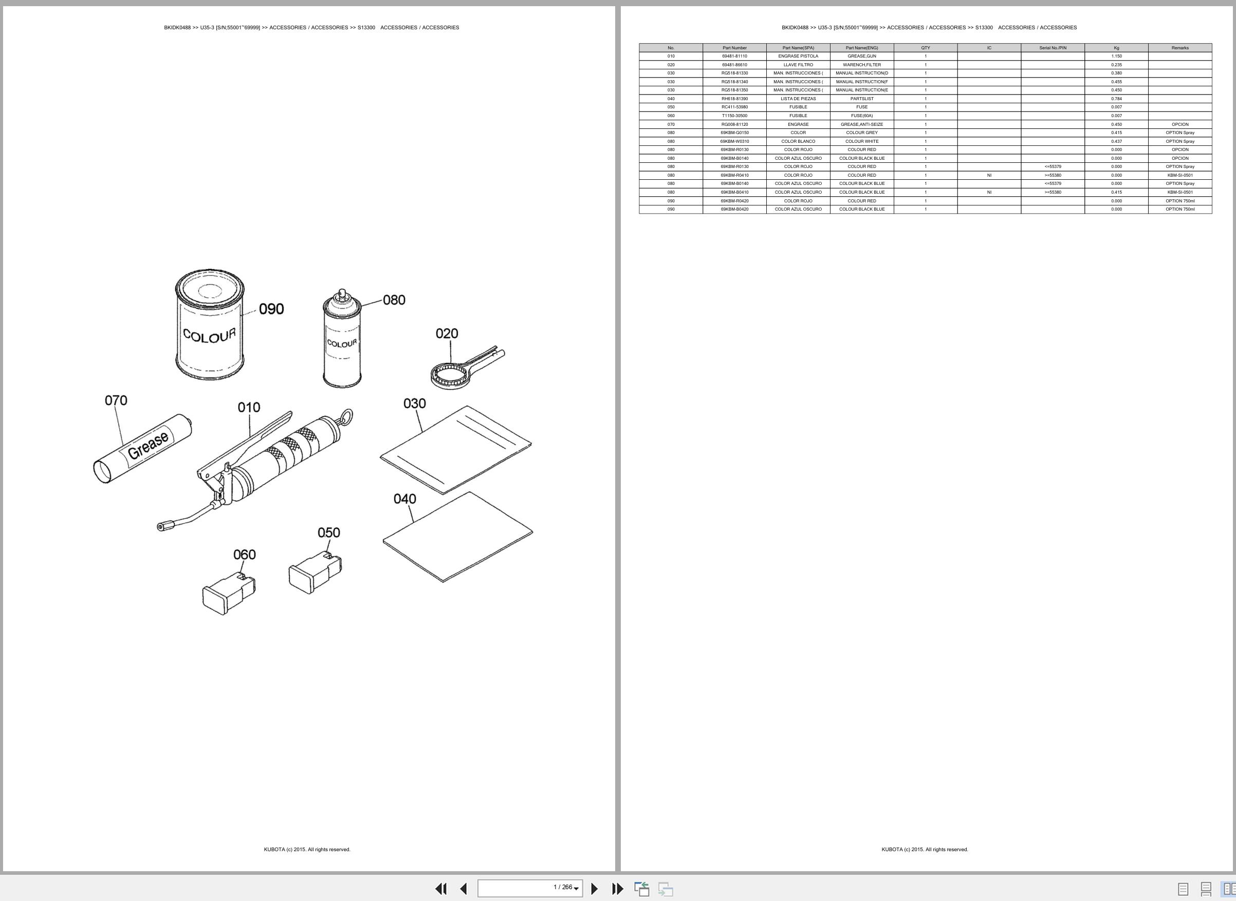 Kubota Mini Excavator U35 3 55001 69999 Spare Parts Catalog EN ES (1)