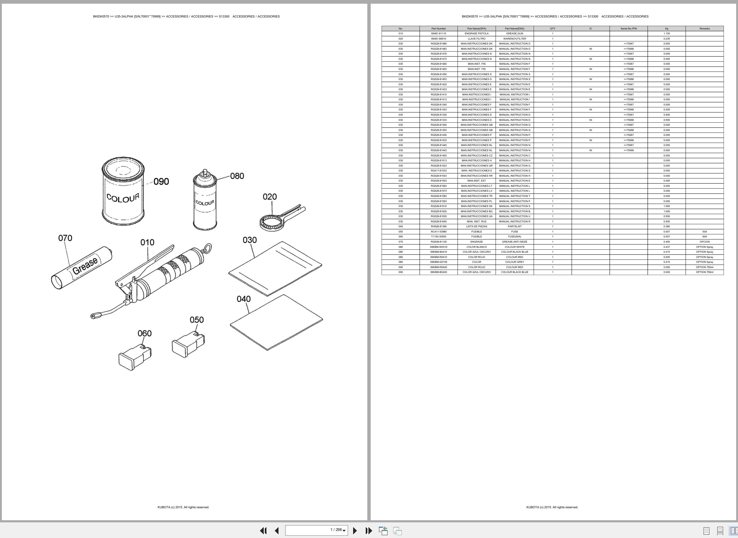 Kubota Mini Excavator U35 3ALPHA 70001 79999 Spare Parts Catalog EN ES (1)