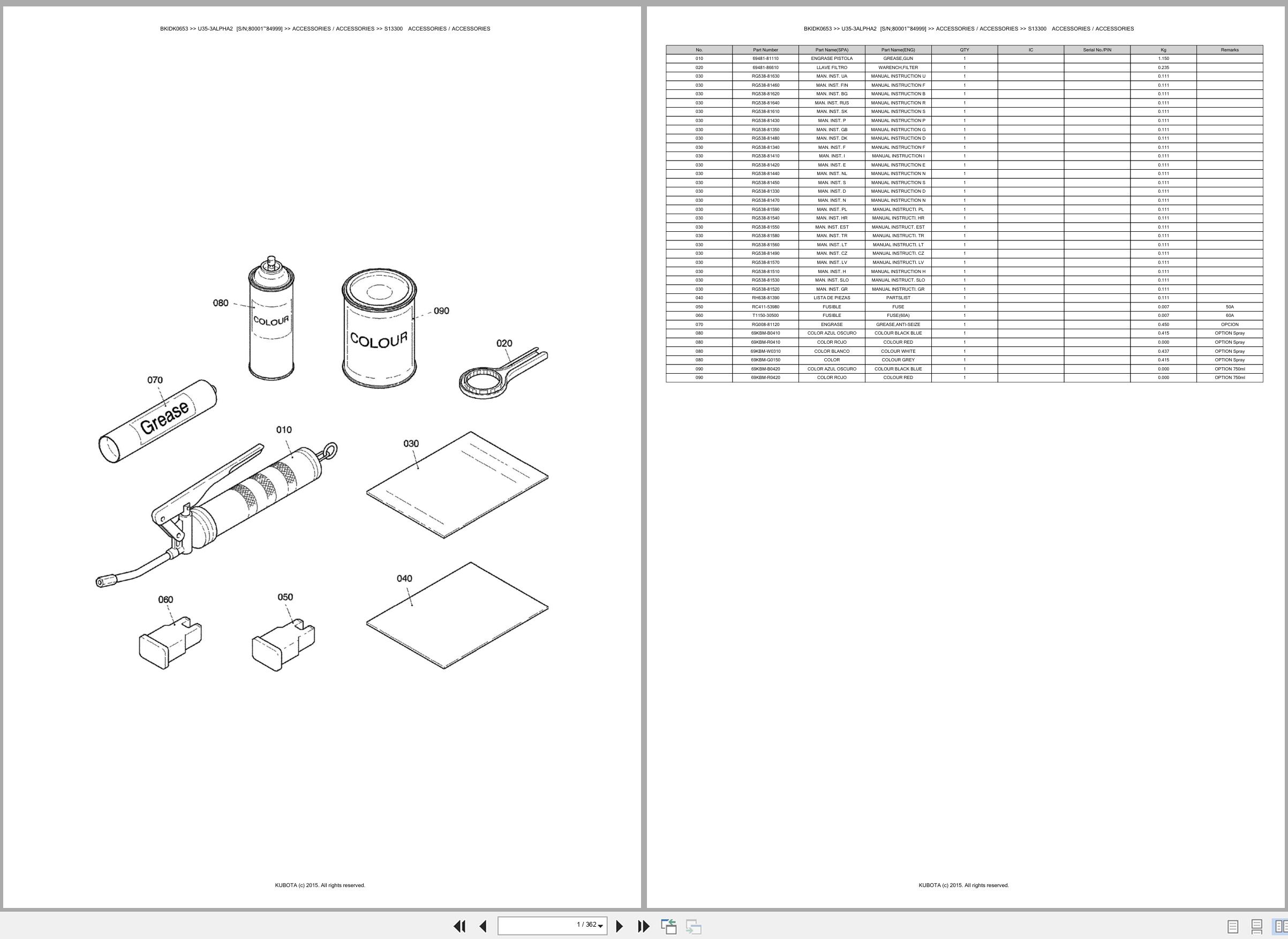 Kubota Mini Excavator U35 3ALPHA2 80001 84999 Spare Parts Catalog EN ES (1)