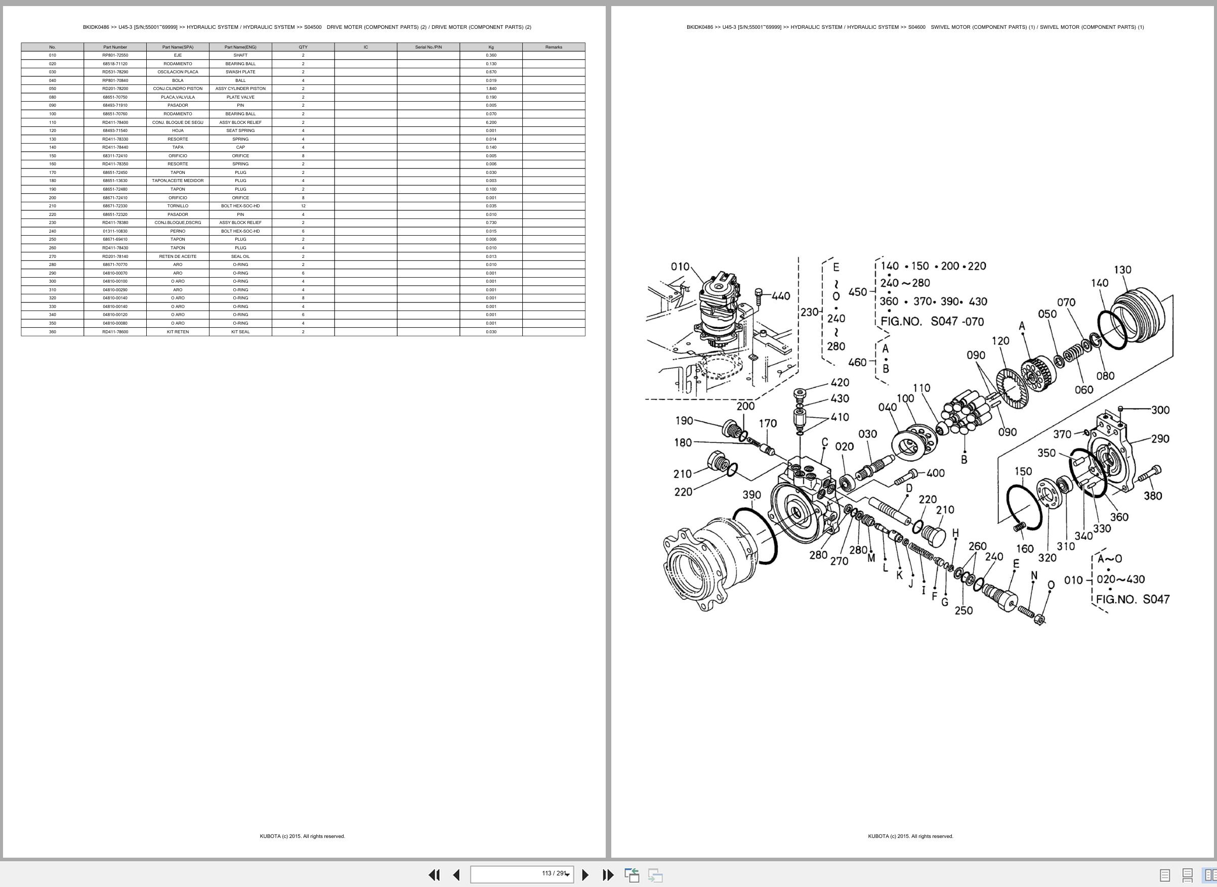 Kubota Mini Excavator U45 3 55001 69999 Spare Parts Catalog EN ES (2)