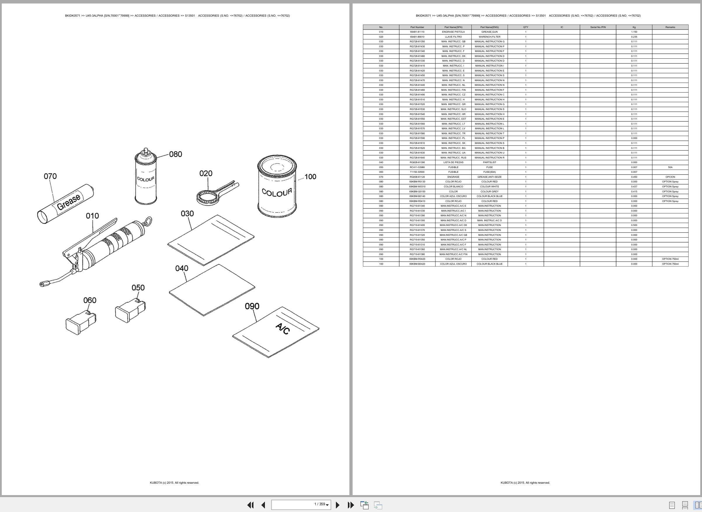 Kubota Mini Excavator U45 3ALPHA 70001 79999 Spare Parts Catalog EN ES (1)