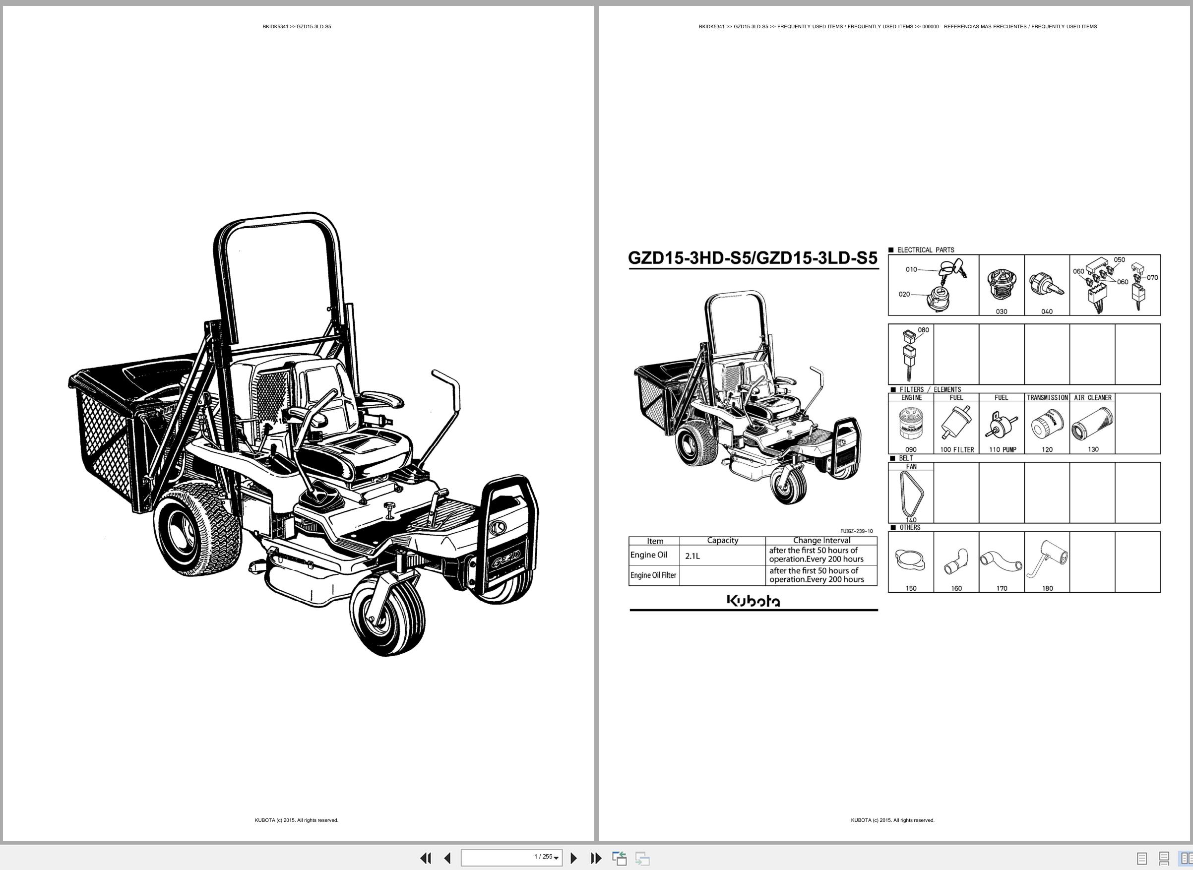 Kubota Ride On Mower GZD15 3LD S5 Spare Parts Catalog EN ES (1)