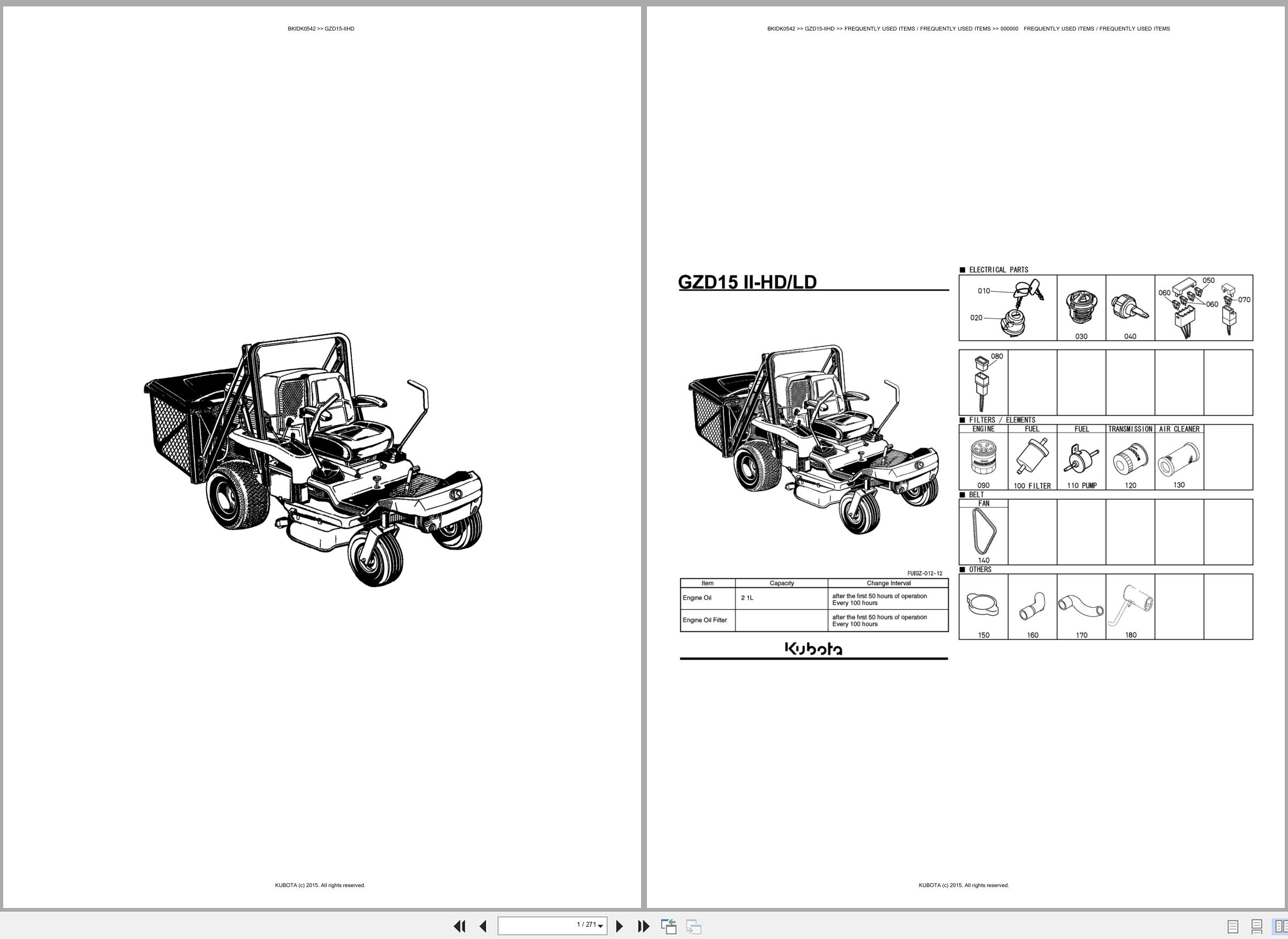 Kubota Ride On Mower GZD15 IIHD Spare Parts Catalog EN ES (1)
