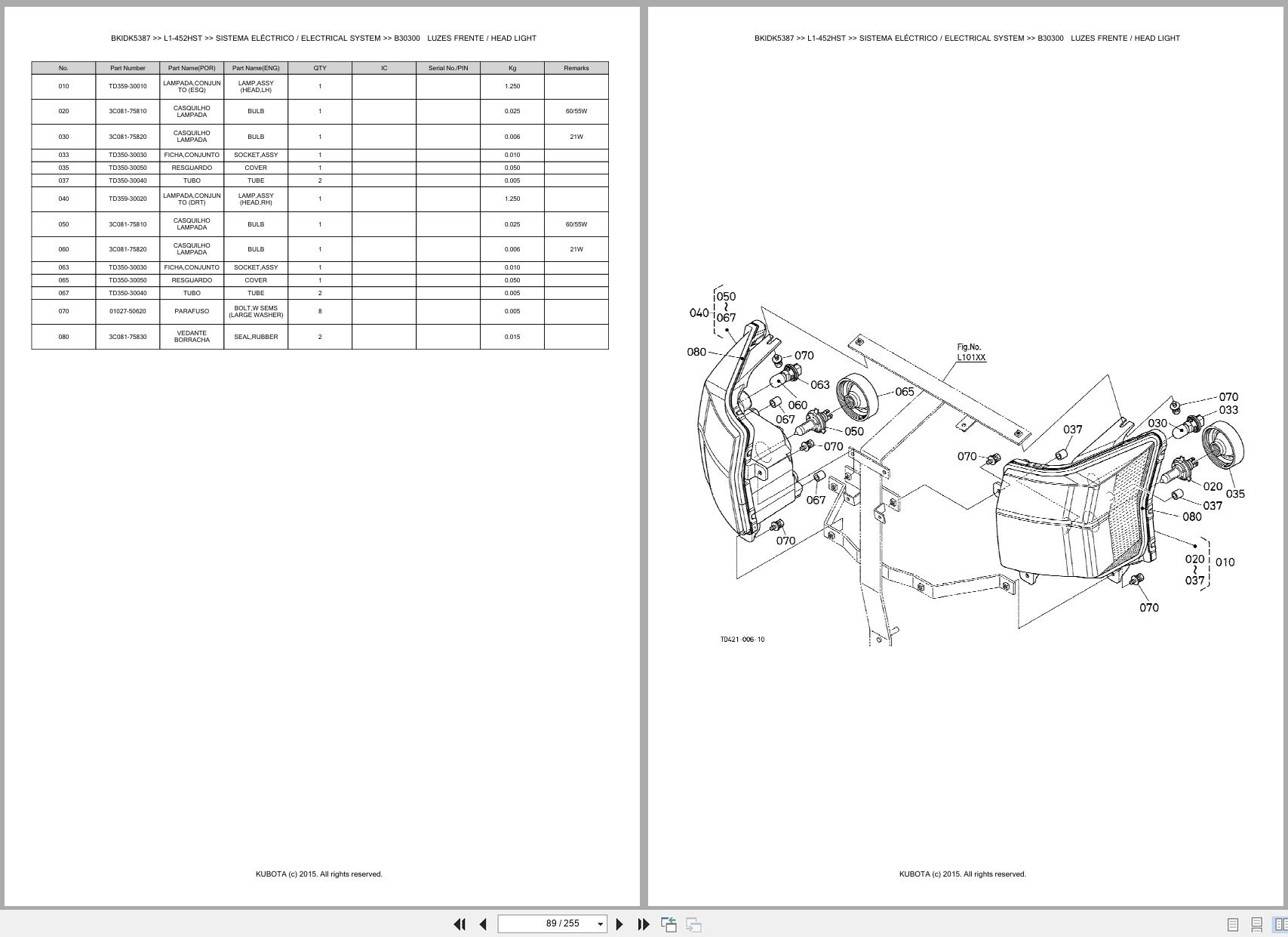 Kubota Tractor L1 452HST Spare Parts Catalog EN PT (2)