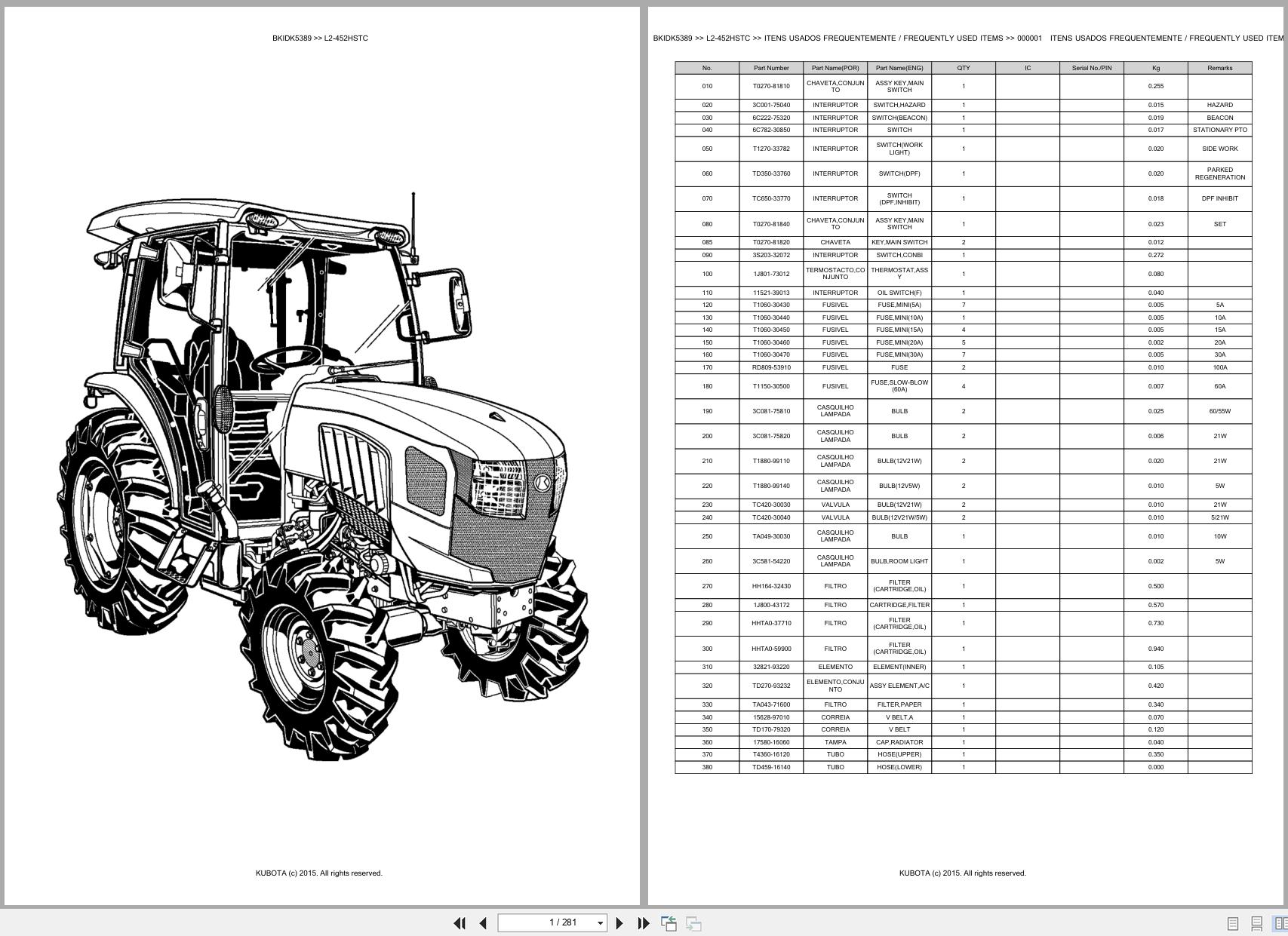 Kubota Tractor L2 452HSTC Spare Parts Catalog EN PT (1)