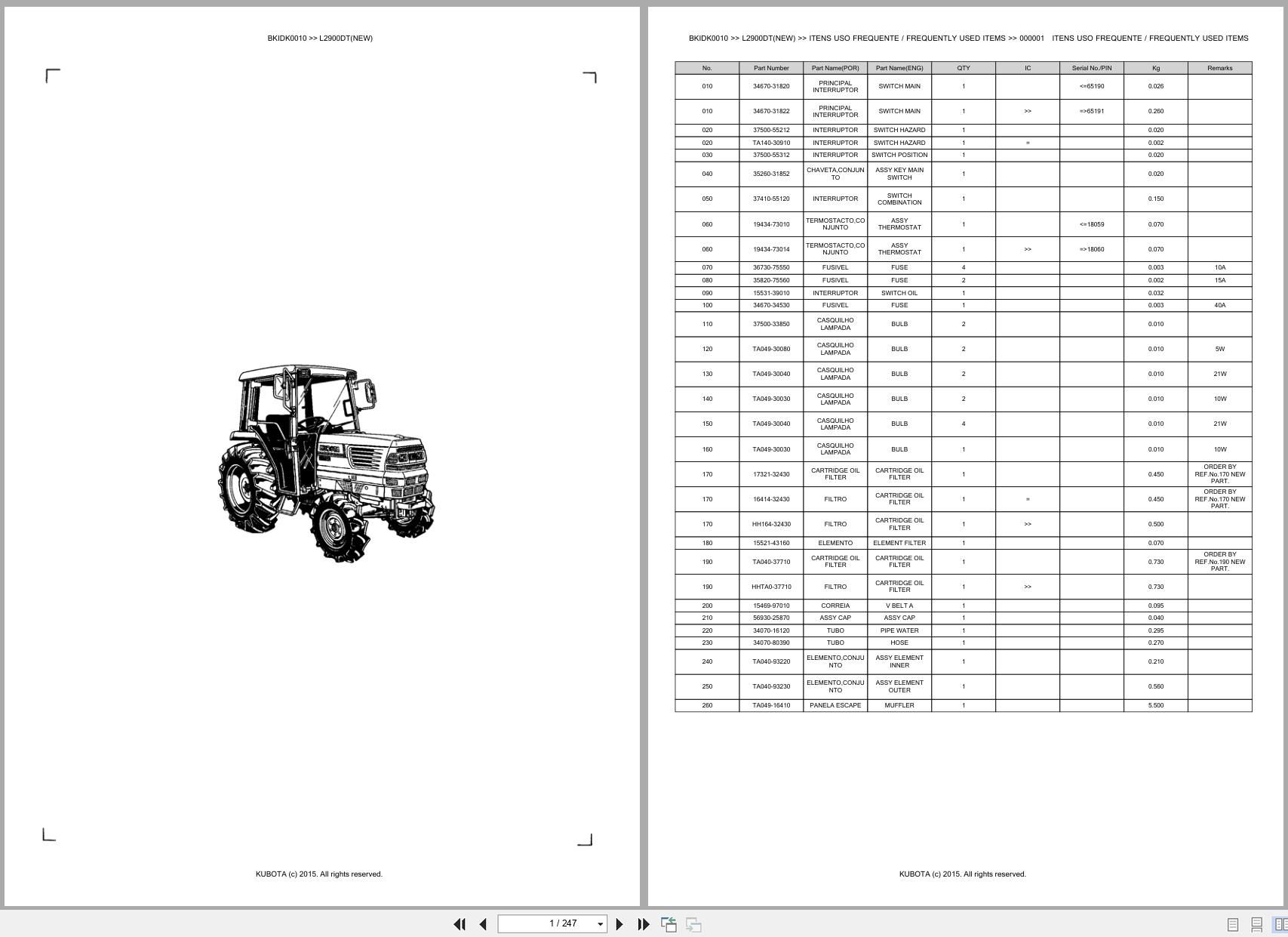 Kubota Tractor L2900DT NEW Spare Parts Catalog EN PT (1)