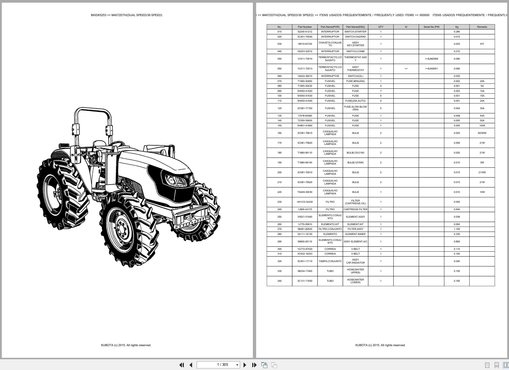 Kubota Tractor M4072DTH DUAL SPEED 36 SPEED Spare Parts Catalog EN PT (1)