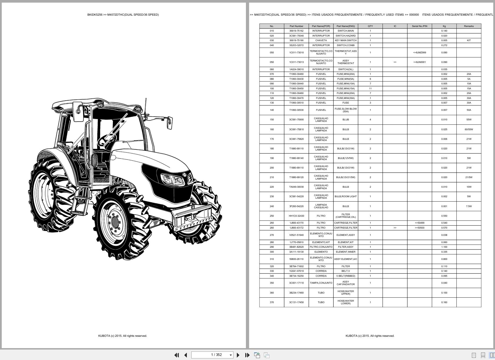 Kubota Tractor M4072DTHC DUAL SPEED 36 SPEED Spare Parts Catalog EN PT (1)
