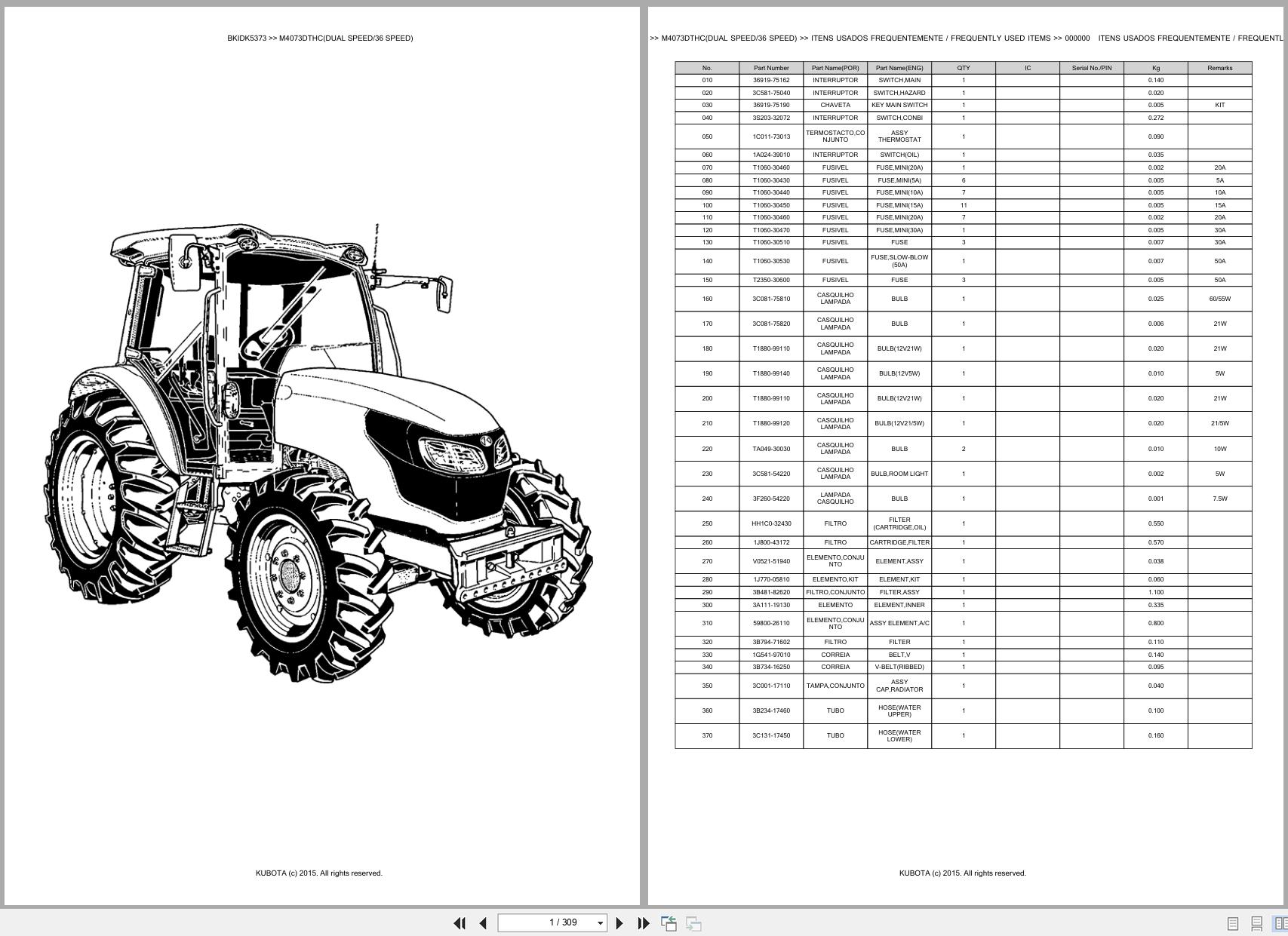 Kubota Tractor M4073DTHC DUAL SPEED 36 SPEED Spare Parts Catalog EN PT (1)