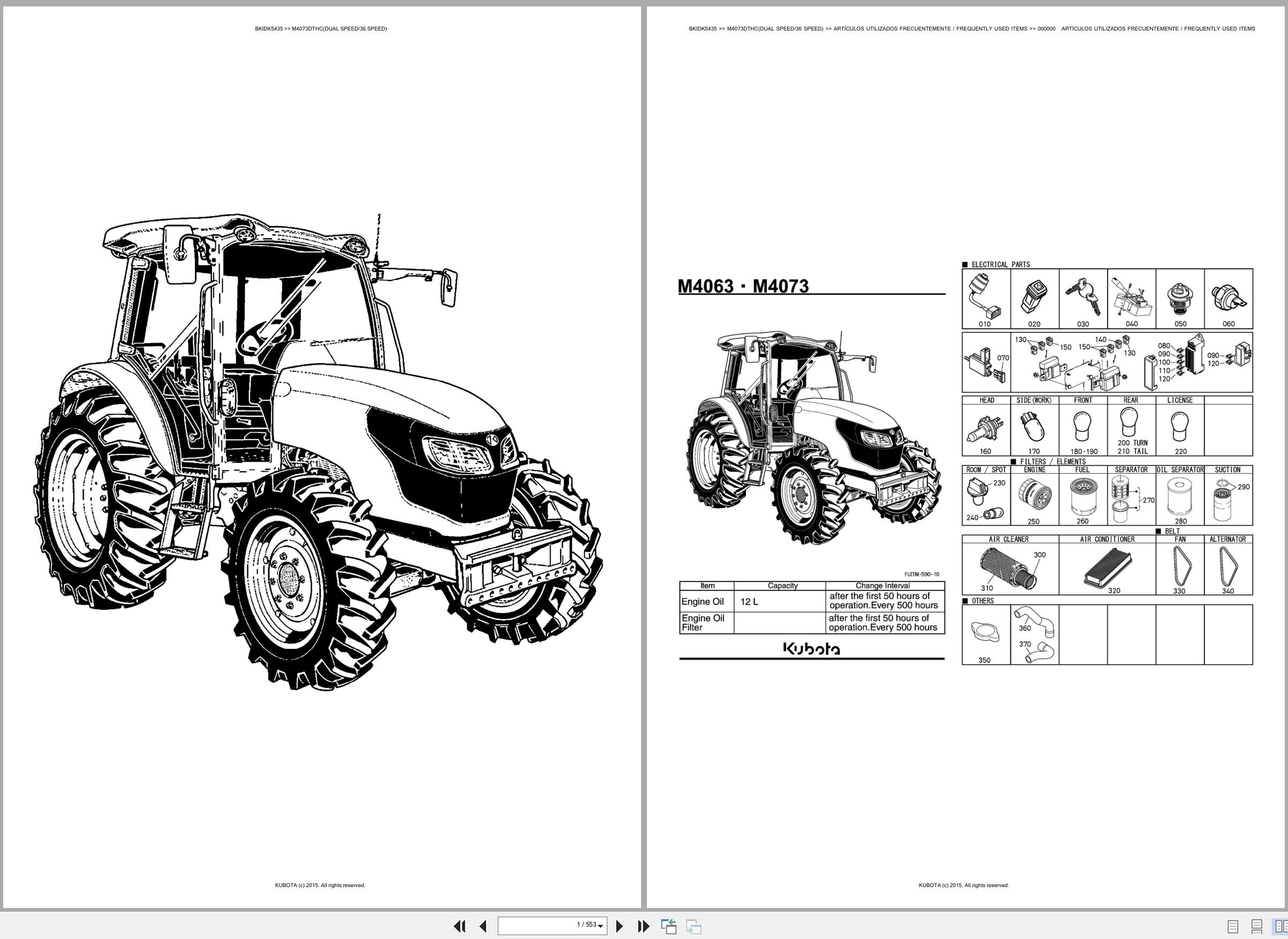 Kubota Tractor M4073DTHC Dual Speed 36 Speed Spare Parts Catalog EN ES (1)