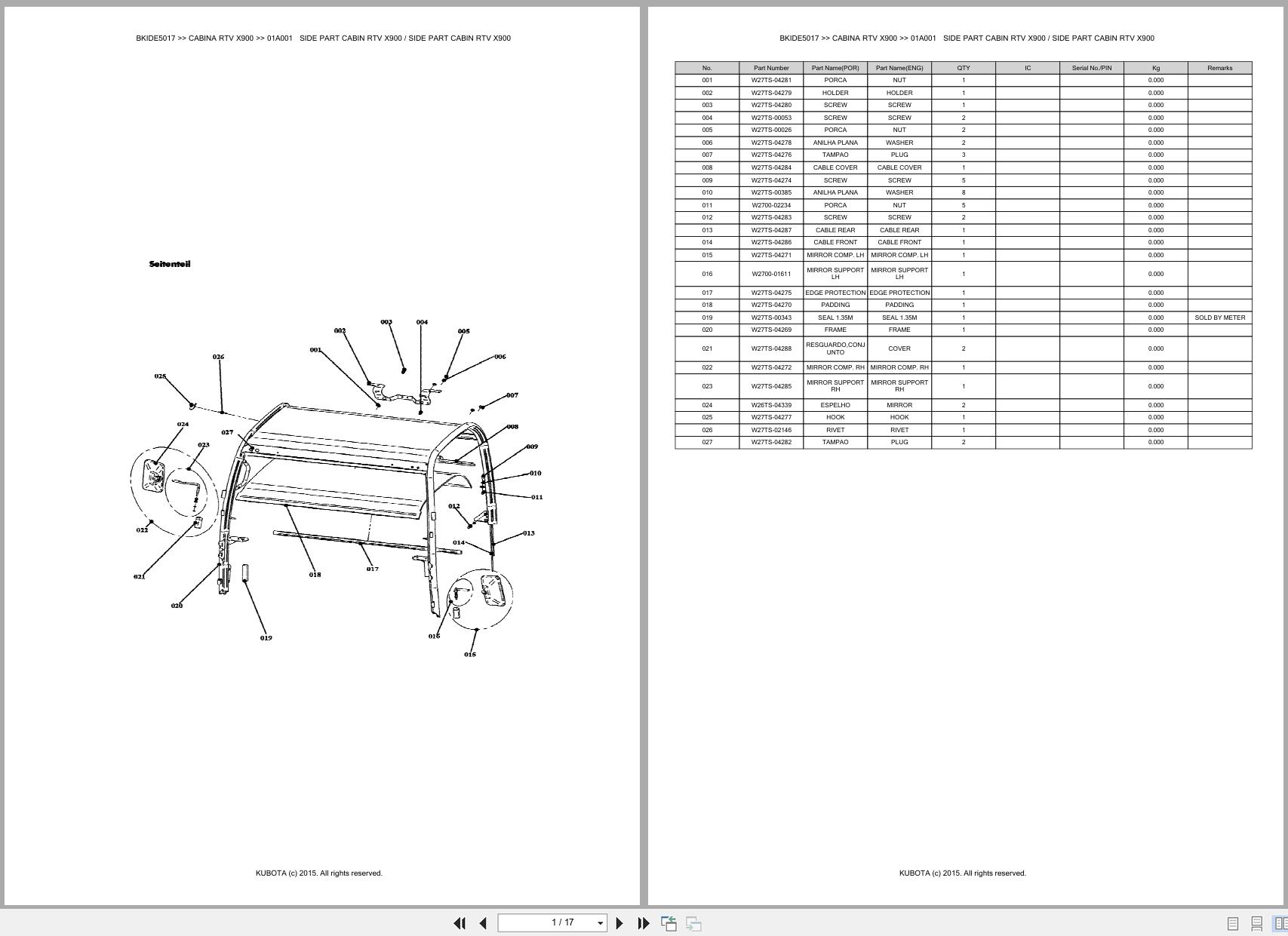 Kubota Utility Vehicle CABINA RTV X900 Spare Parts Catalog EN PT (1)