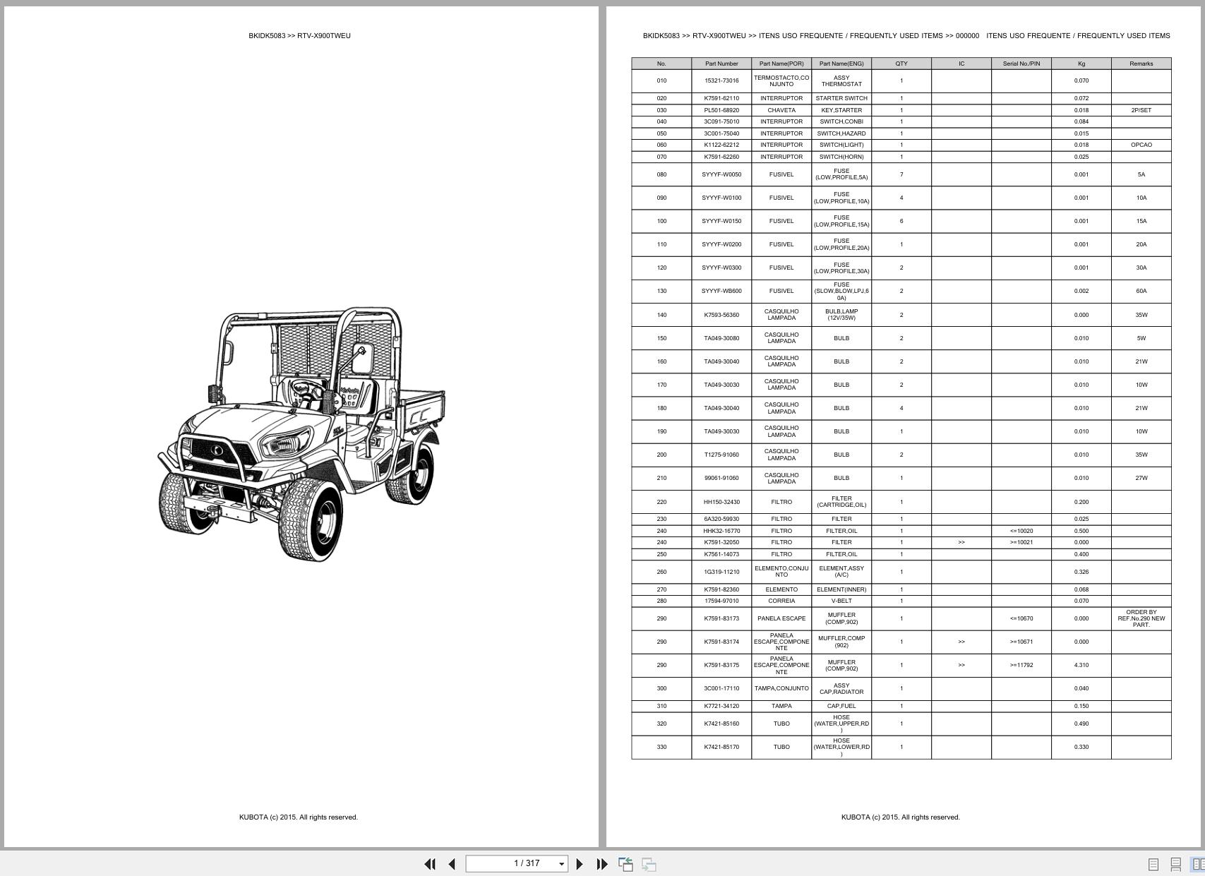 Kubota Utility Vehicle RTV X900TWEU Spare Parts Catalog EN PT (1)