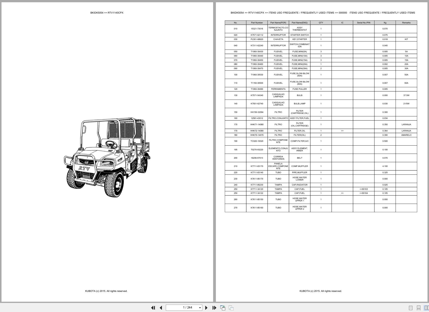 Kubota Utility Vehicle RTV1140CPX Spare Parts Catalog EN PT (1)
