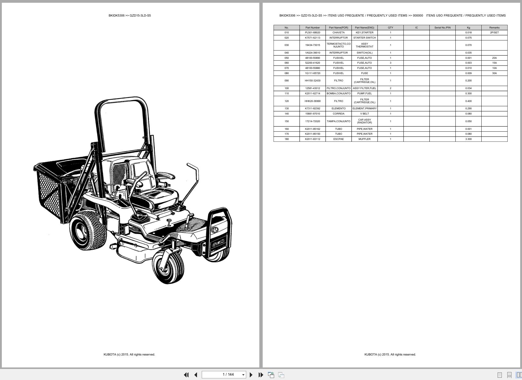 Kubota Zero Turn Mower GZD15 3LD S5 Spare Parts Catalog EN PT (1)