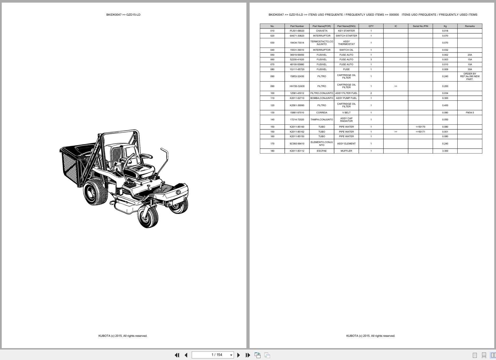 Kubota Zero Turn Mower GZD15 LD Spare Parts Catalog EN PT (1)