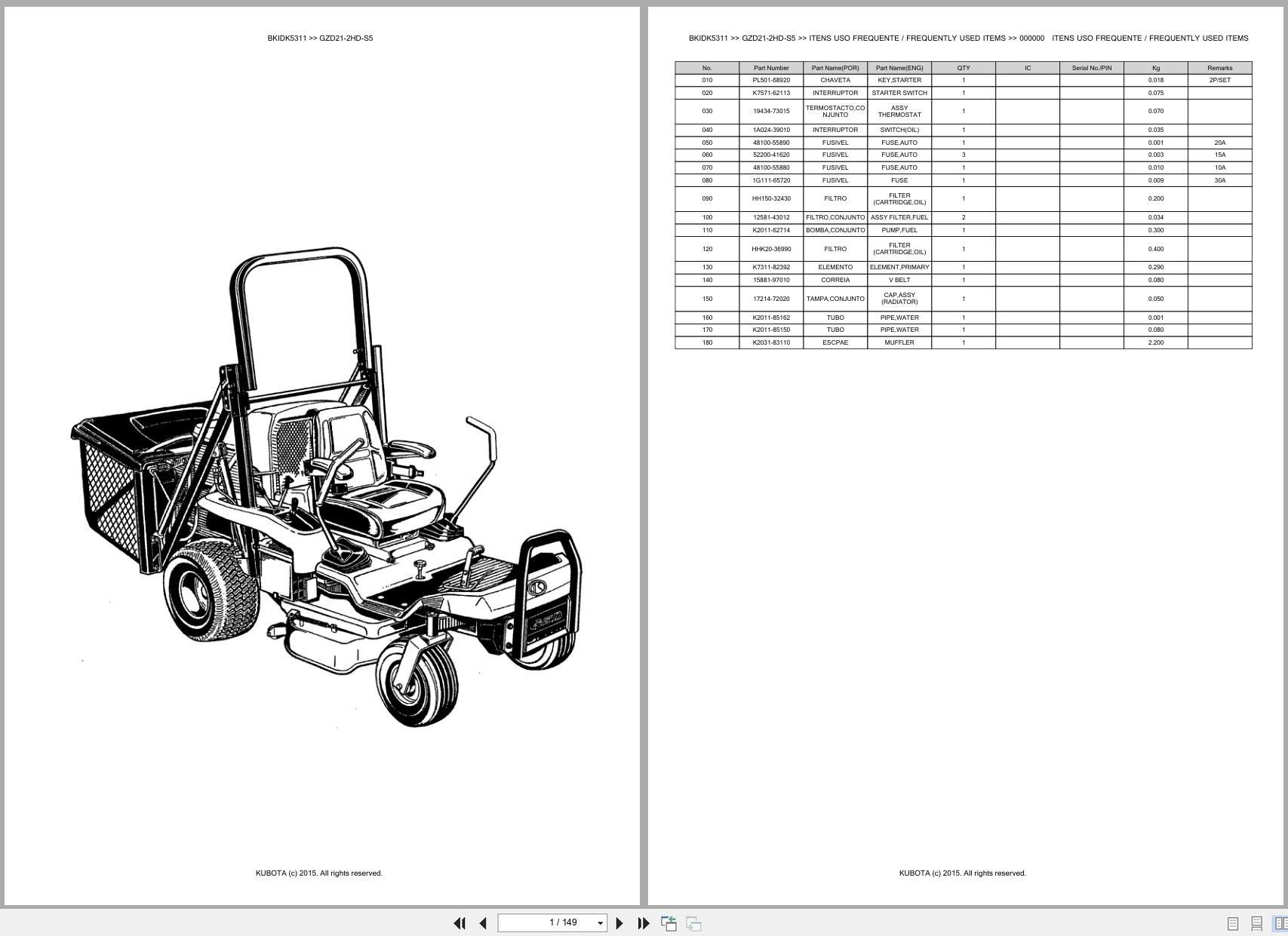 Kubota Zero Turn Mower GZD21 2HD S5 Spare Parts Catalog EN PT (1)