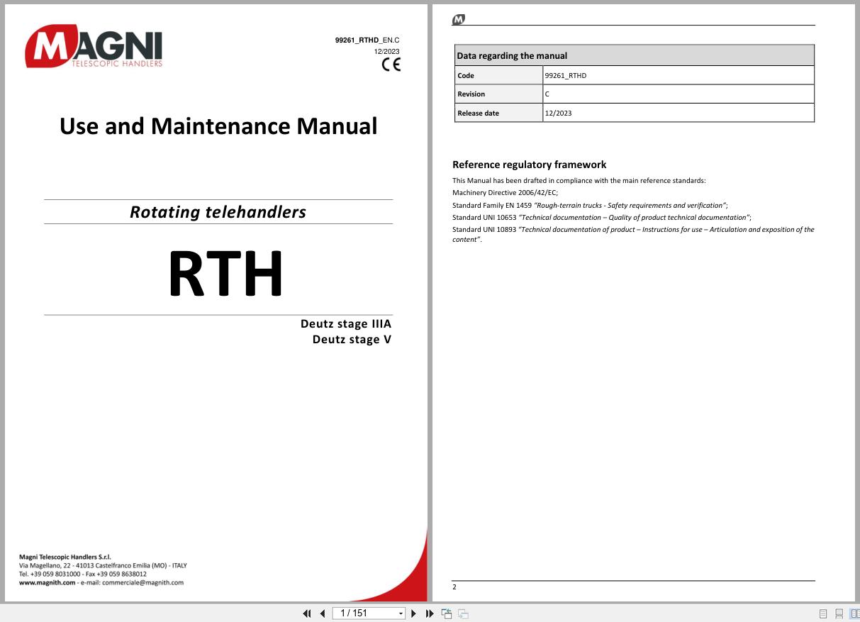 Magni Telescopic Handler RTH Series Use and Maintenance Manual 99261 RTHD 2023 1