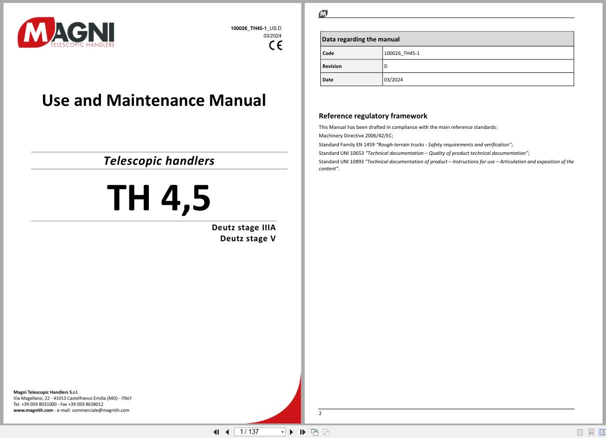 Magni Telescopic Handler TH45 Use and Maintenance Manual 100026 TH45 1 2024 1