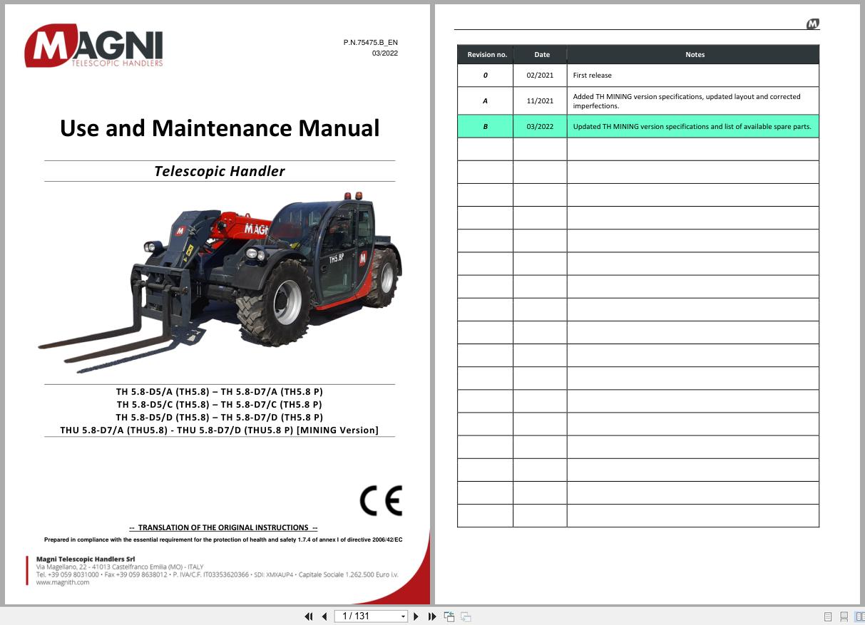 Magni Telescopic Handler TH5.8 Use and Maintenance Manual P.N.75475.B 2022 1
