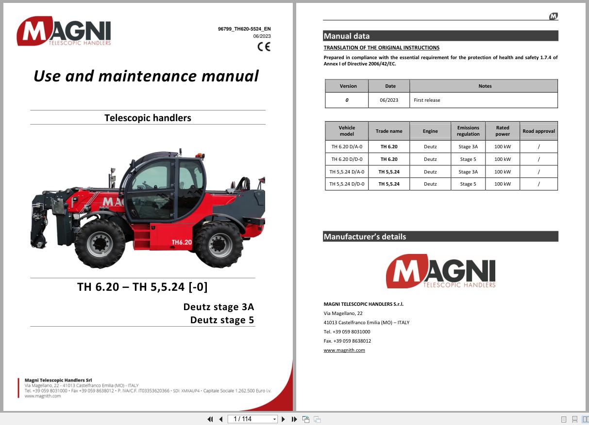 Magni Telescopic Handler TH6.20 TH55.24 Use and Maintenance Manual 96799 TH620 5524 2023 1