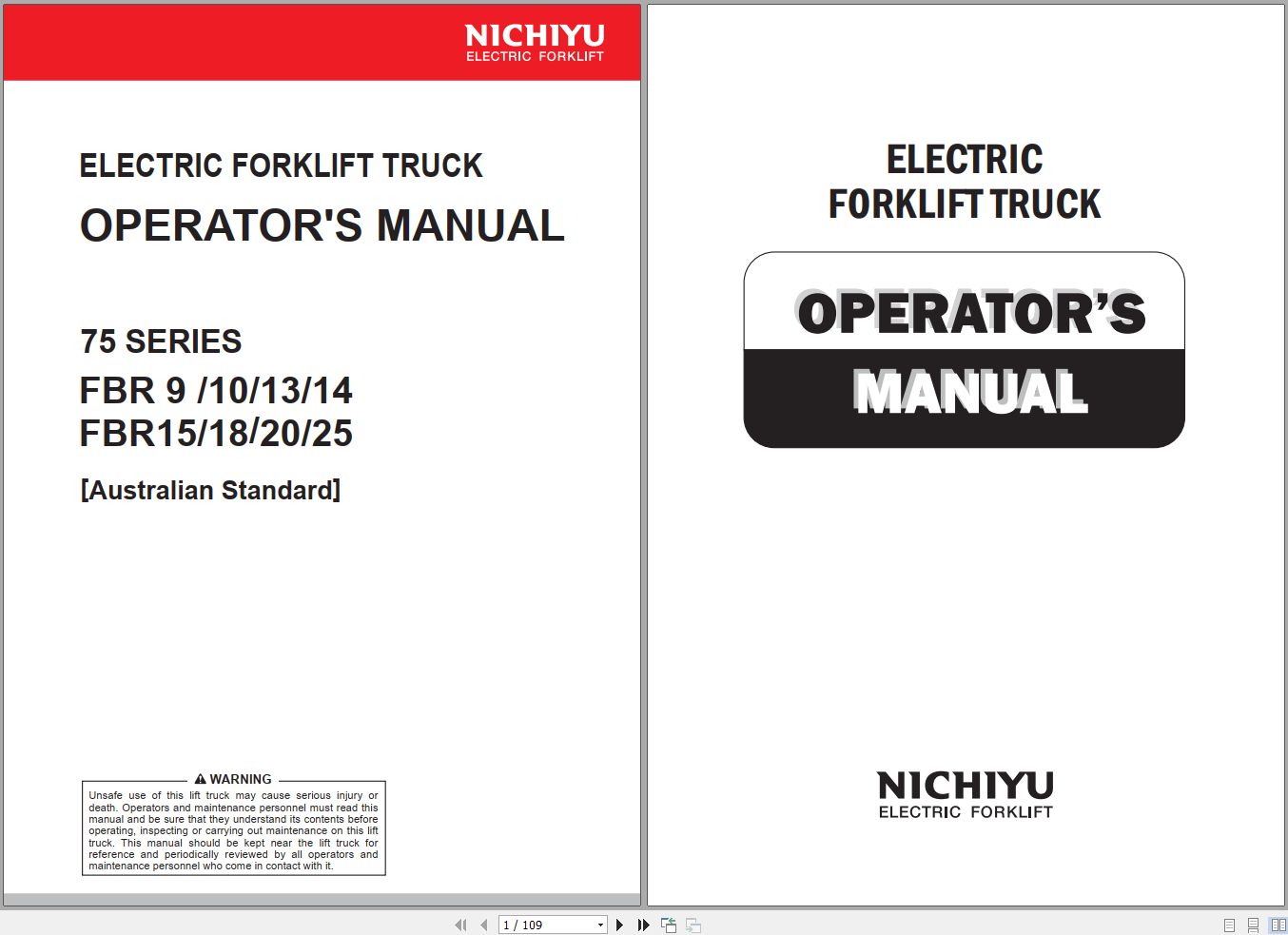 Nichiyu Forklift 75 Series FBR0 to FBR40 Operators Manual 1