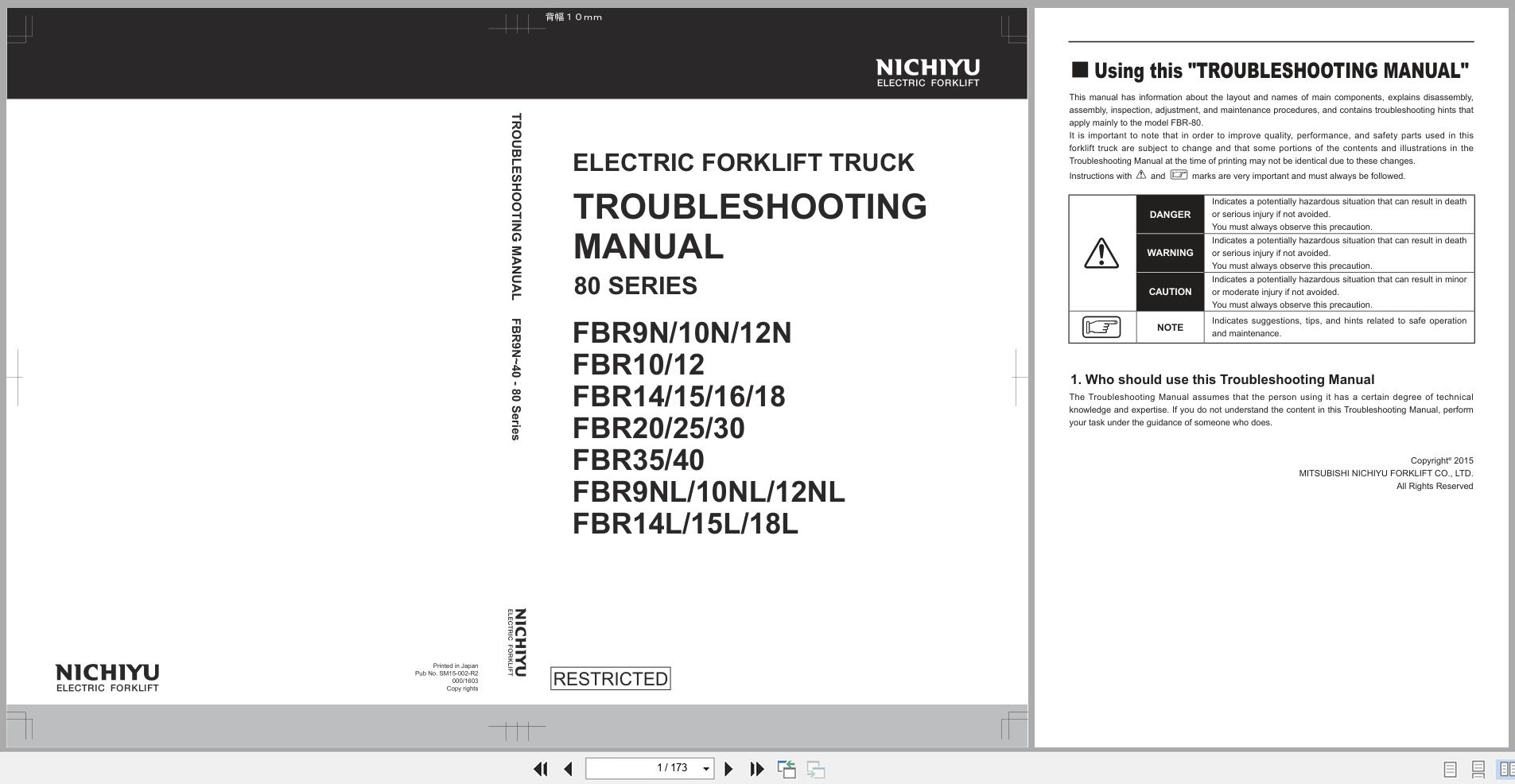 Nichiyu Forklift 80 Series FBR9N to FBR18L Troubleshooting Manual SM15 002 R2 1
