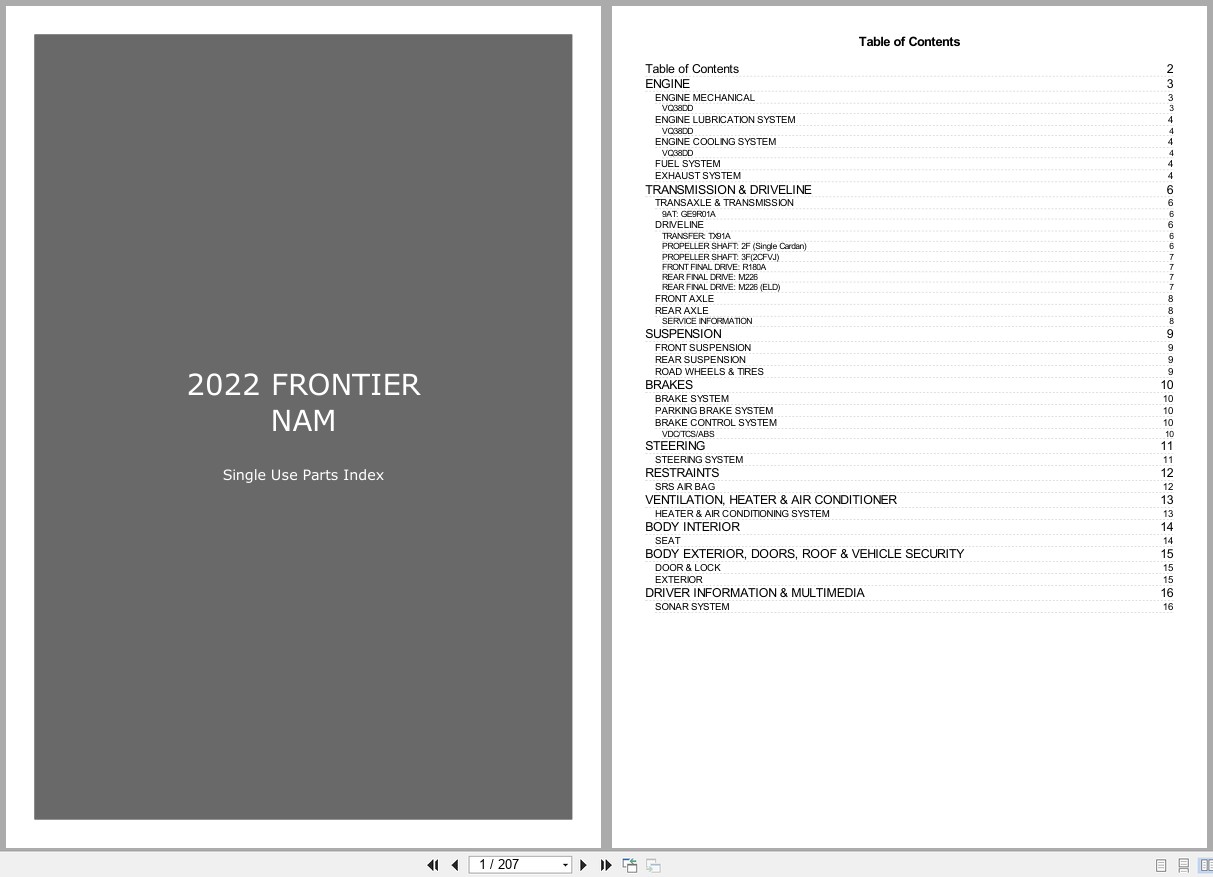 Nissan FRONTIER NAM 2022 Single Use Parts Index (1)