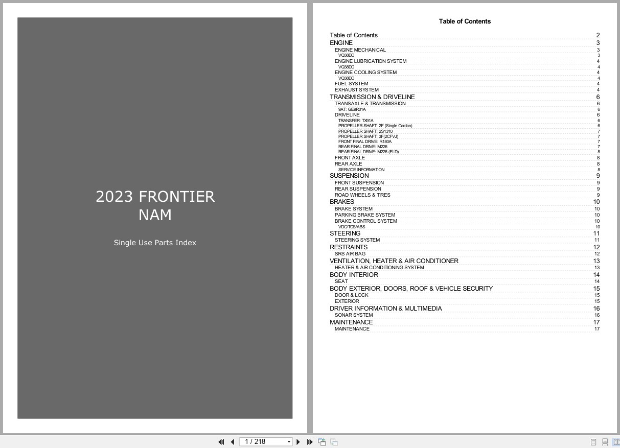 Nissan FRONTIER NAM 2023 Single Use Parts Index (1)