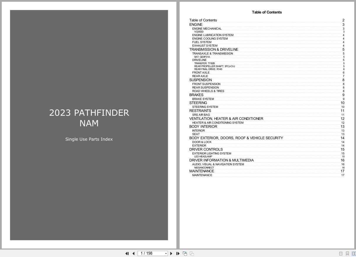 Nissan PATHFINDER NAM 2023 Single Use Parts Index (1)